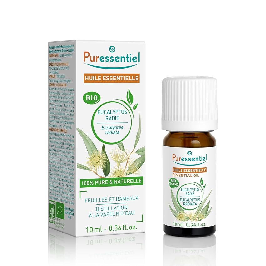 Puressentiel, Olio Essenziale di Eucalipto Radiata, 100% Puro e Naturale, OEBBD (Olio Essenziale Botanicamente e Biochimicamente Definito), Da Agricoltura Biologica, Vegan e Crulety Free, 10 ml