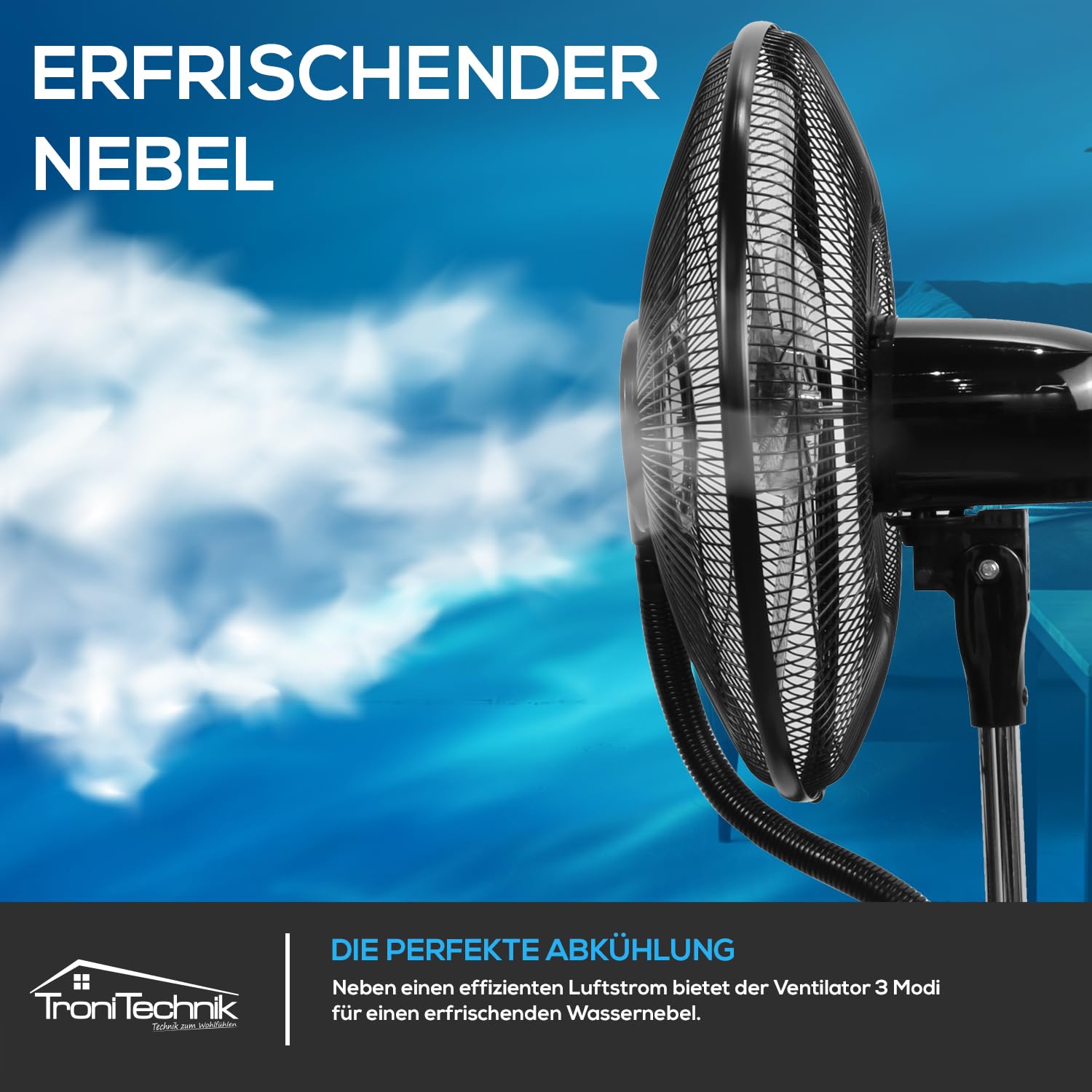 Tronitechnik® Standventilator mit Wasser, Ventilator mit Wasserkühlung Sprühnebel Raumbefeuchter, Fernbedienung, 90 Watt, Oszillierend, 3 Stufen, Timer, 3 Luftmodi, sehr leise, Schlafzimmer & Büro