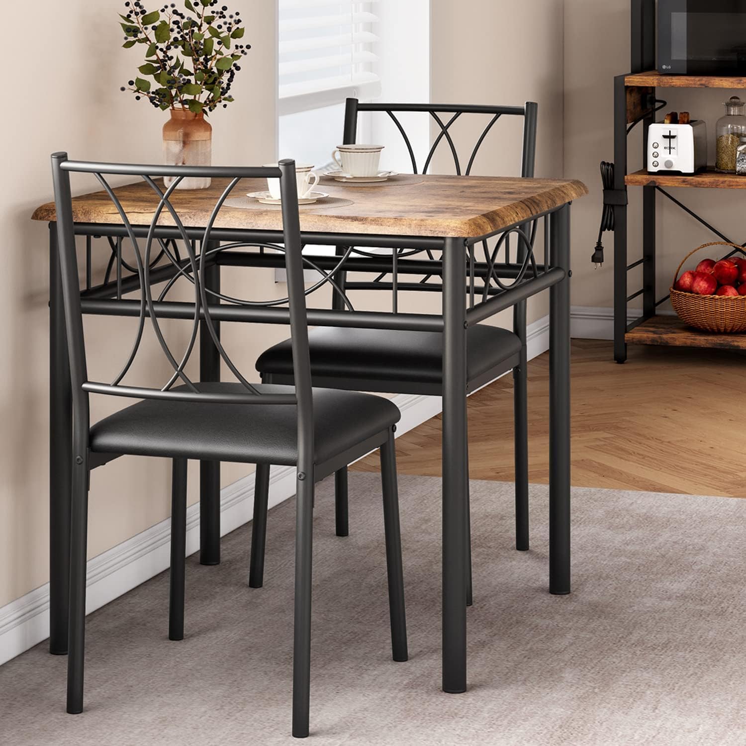 Tables de Salle à Manger pour 2, Table et chaises de Cuisine, Table de Salle à Manger carrée avec 2 chaises en métal et en Bois, pour Petits espaces, Appartement (Marron Rustique 2)