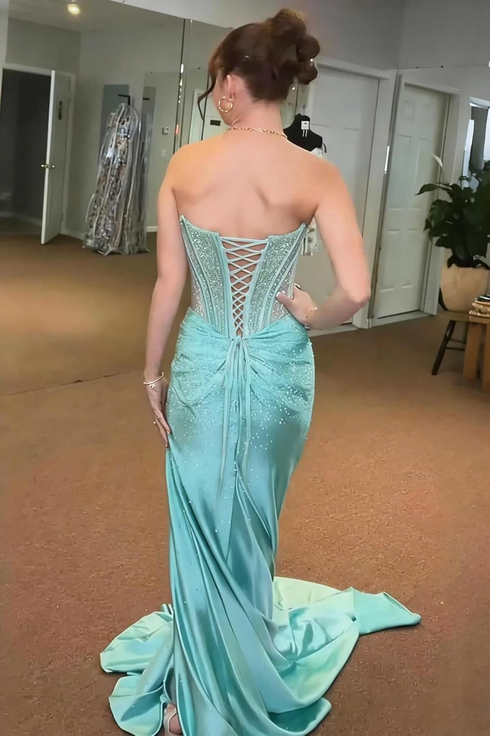 VOfuter Sparkly Sequin Prom Dress for Women Ruched Strapless Long Evening Dresses for Wedding