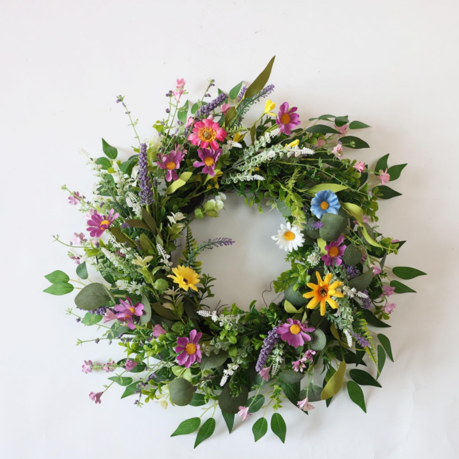 Künstlicher Frühlingskranz mit Bunten Wildblumen, Margeriten und Lavendel, Türkranz für Haustür und Wand, Natürlicher Dekokranz für Frühling und Sommer