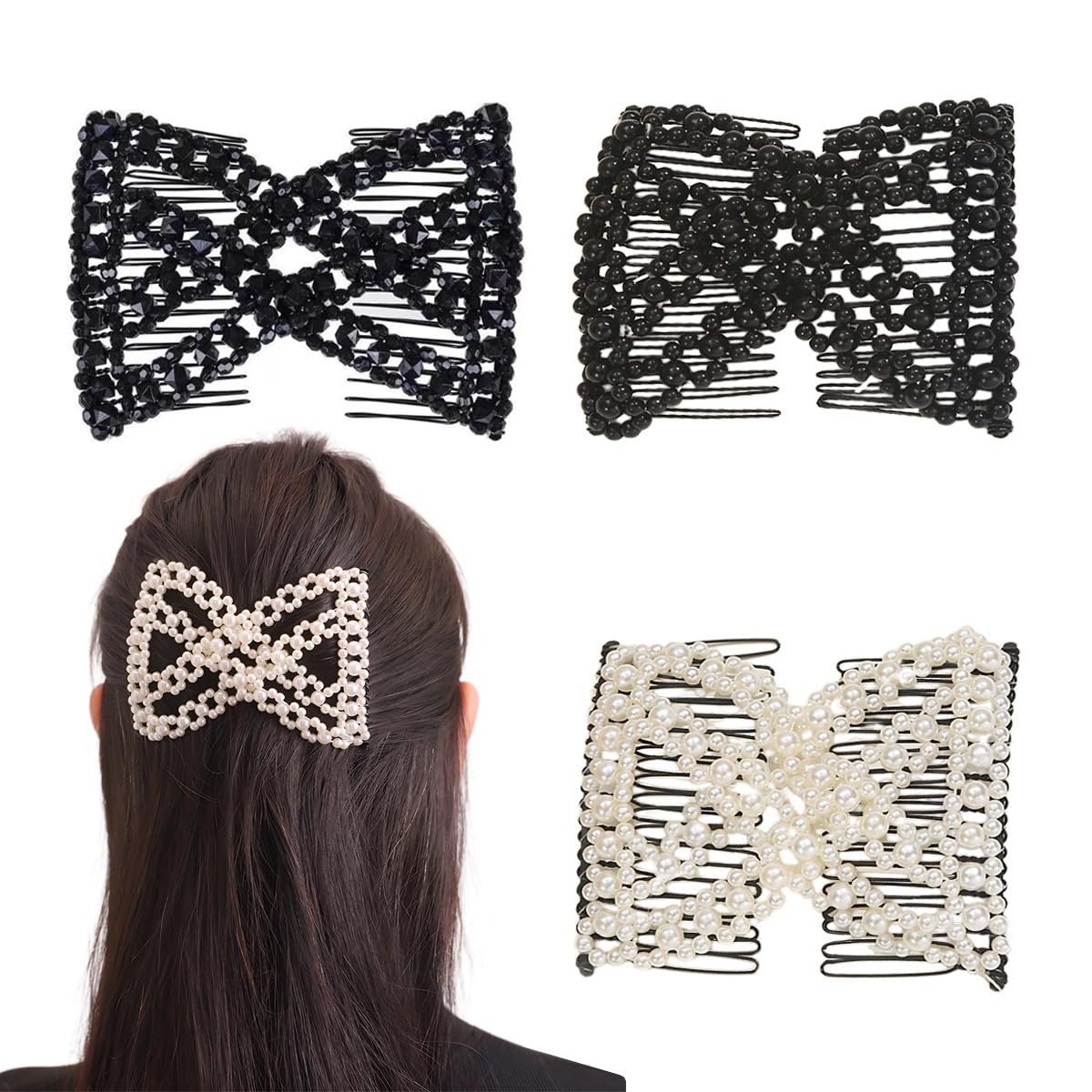 3 PCS Magic Hair Combs for Women Hairstyling Beaded Stretch Double Side Combs Adjustable Elastic Hair Clips Bun Maker Ponytail Holder