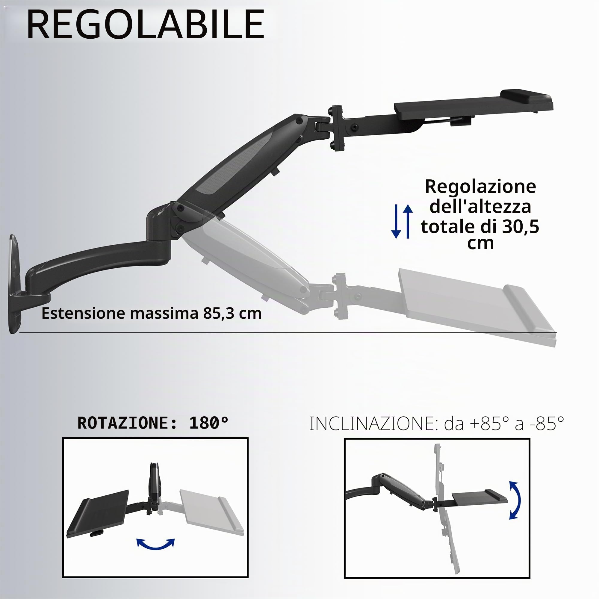 VIVO Supporto da parete per tastiera e mouse con molla pneumatica da 61 cm, piattaforma di digitazione regolabile in altezza contrappeso, inclinazione ergonomica, nero, MOUNT-KB35B