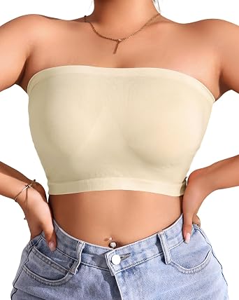 Strapless Bandeau Bra, Wireless Non-Slip with Clear Straps, Side Buckle Closure, Removable Pads