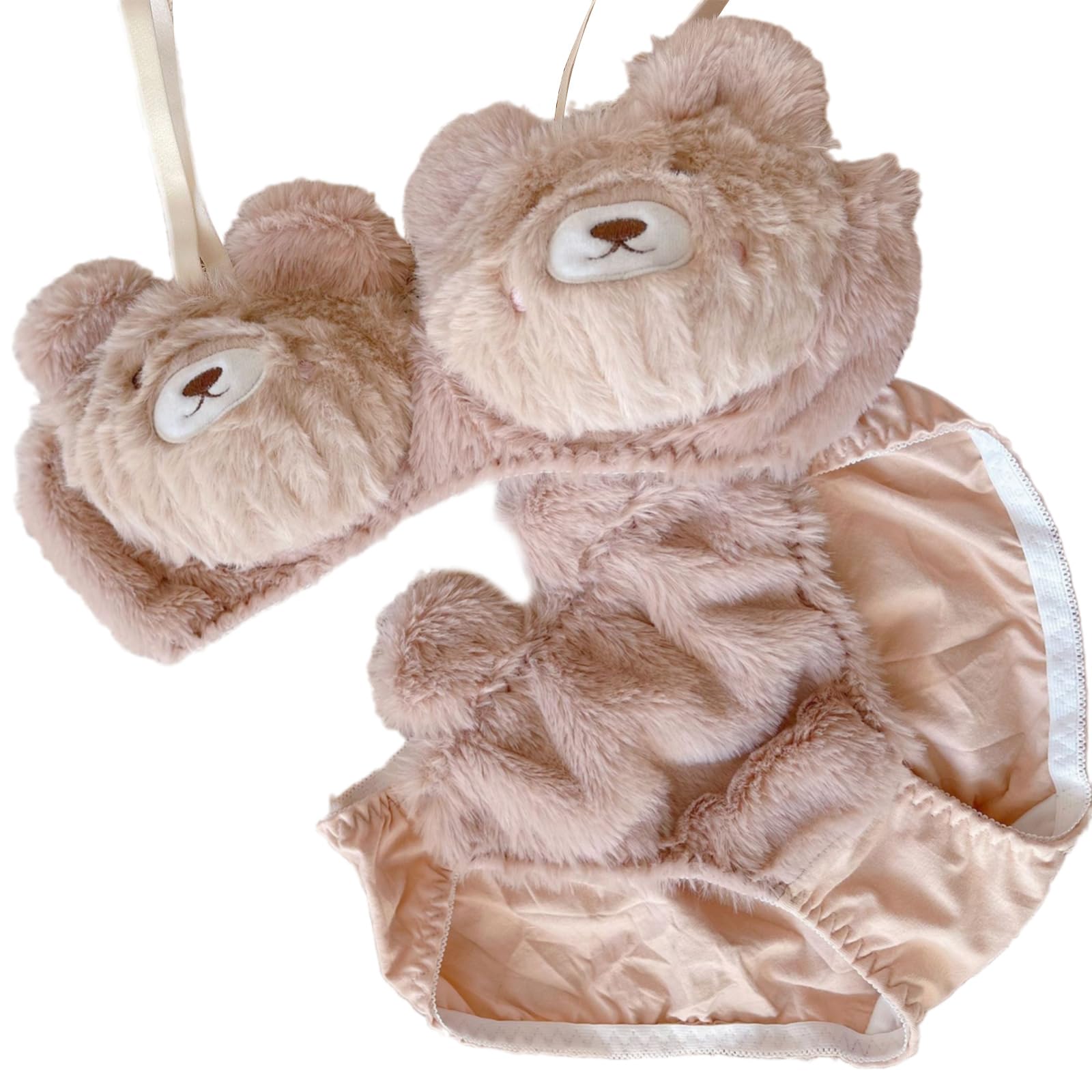 Psdndeww Japanese Sweet Bear Plush Bra And Panty Set Cartoon Anime Women's Brassiere Gather Lingerie Briefs Furry Underwear Set