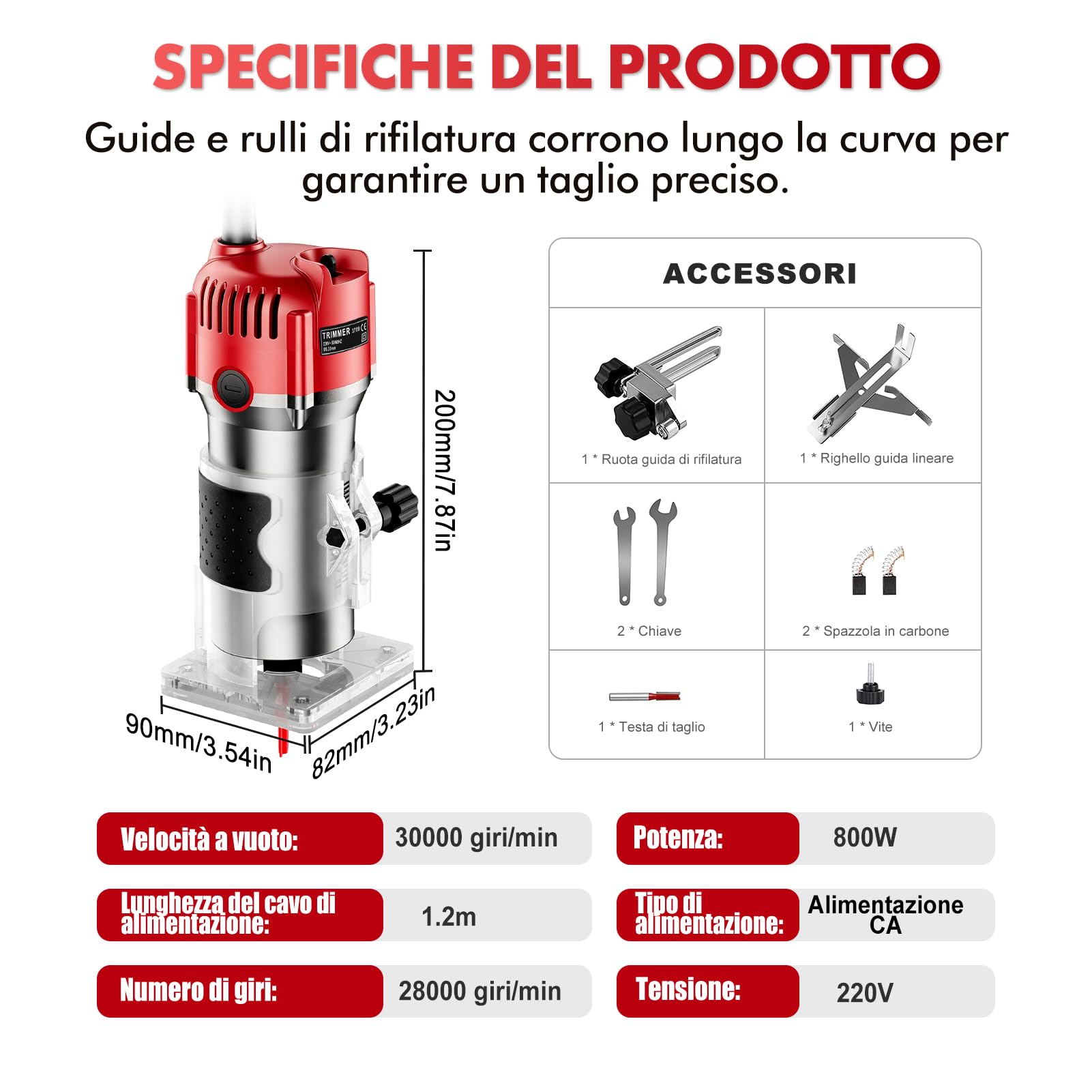 Fresa Elettrica per Legno 800W, Fresatrice Manuale 30000 Giri/min con Guida a Rullo e Guida Lineare, Rifilatore per Legno con Pinza 6,35mm, Fresa per Scanalature Bordi Profili e Incisioni