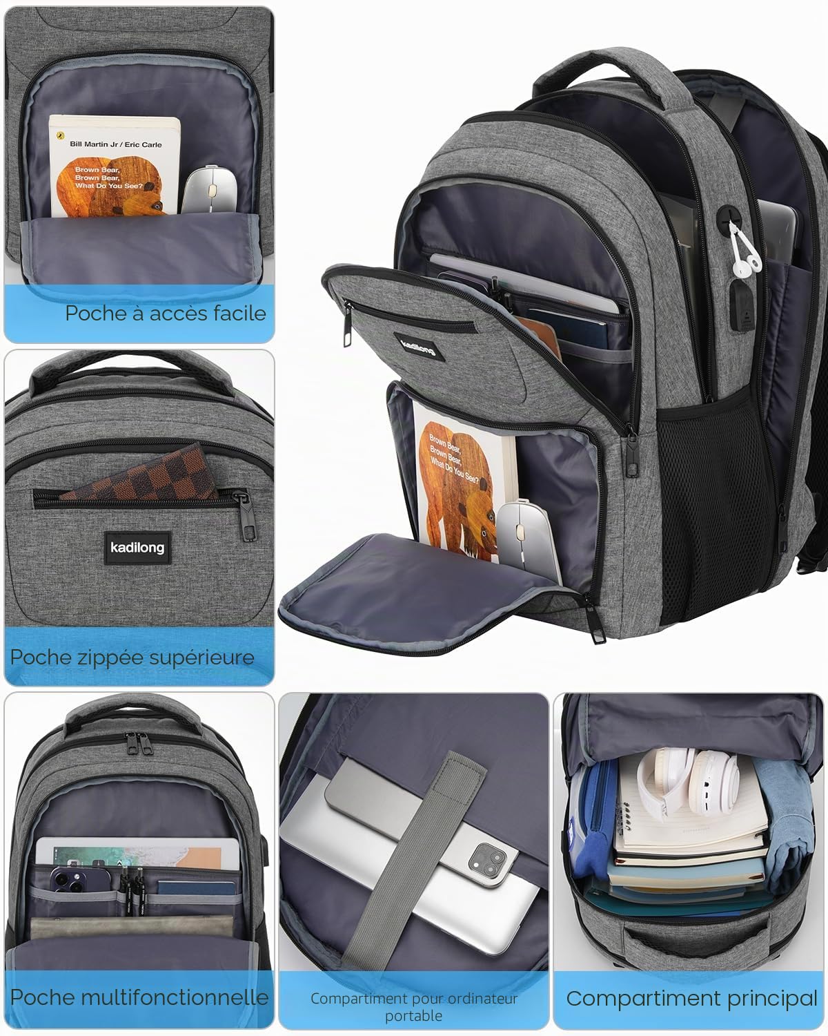 kadilong 17,3 Pouces Sacs à Dos pour Ordinateur Portable pour Homme,Sac École Secondaire Cartable Lycée Garçon avec Port USB