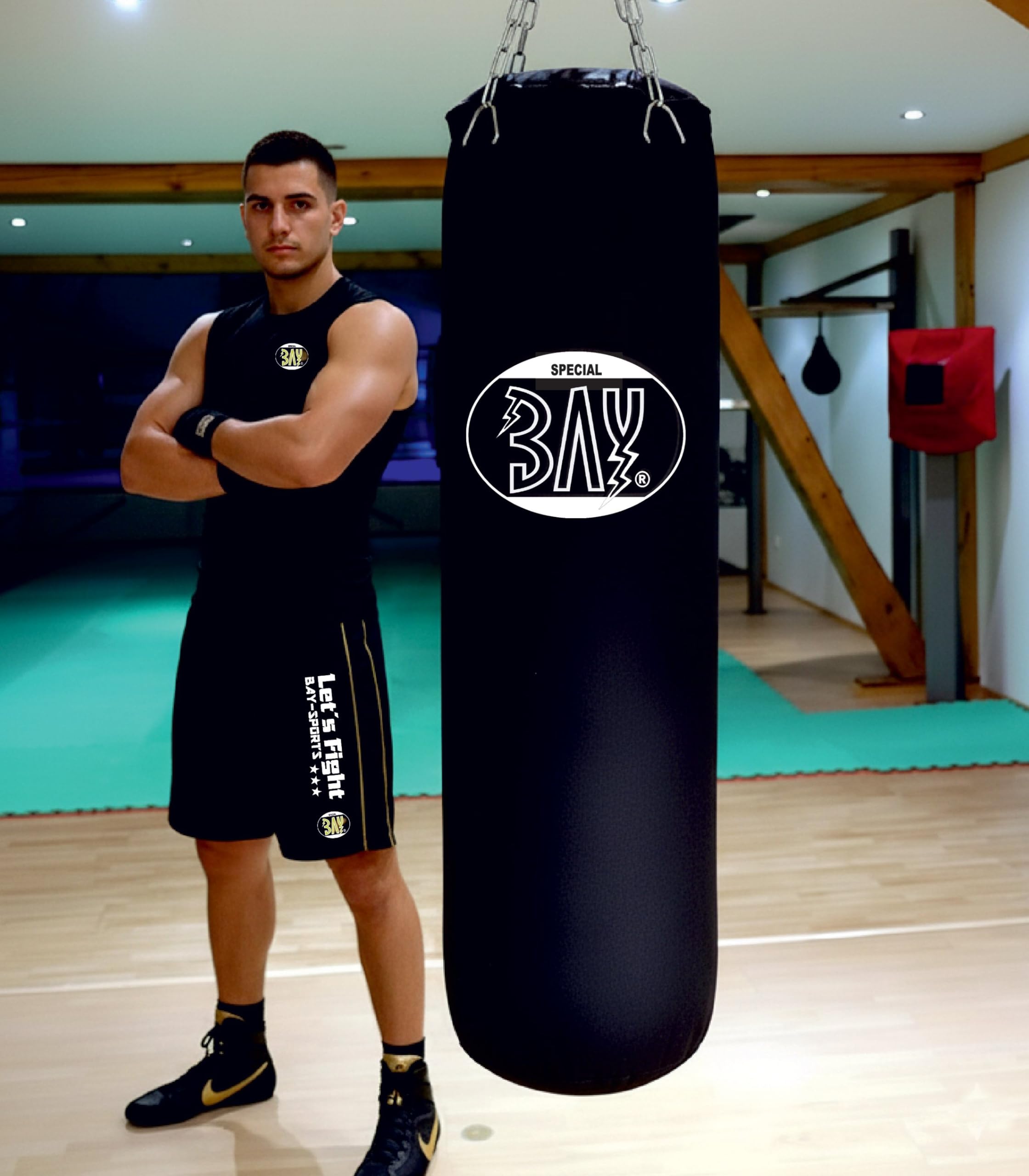 BAY Canvas Sandsack Boxsack mit Stahlkette und Drehwirbel für Kampfsport Training, Schwarz, 123 x 33 cm