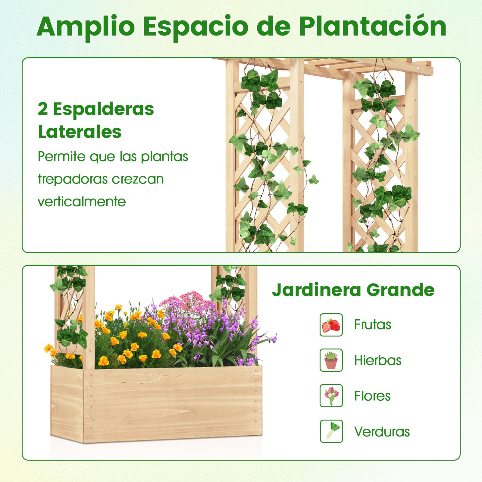 COSTWAY Cama de Jardín Elevada con Enrejado, Jardinera de Madera Independiente con Techo para Colgar, Agujeros de Drenaje para Plantas Trepadoras, Flores, Maceta de Plantación para Patio (Natural)