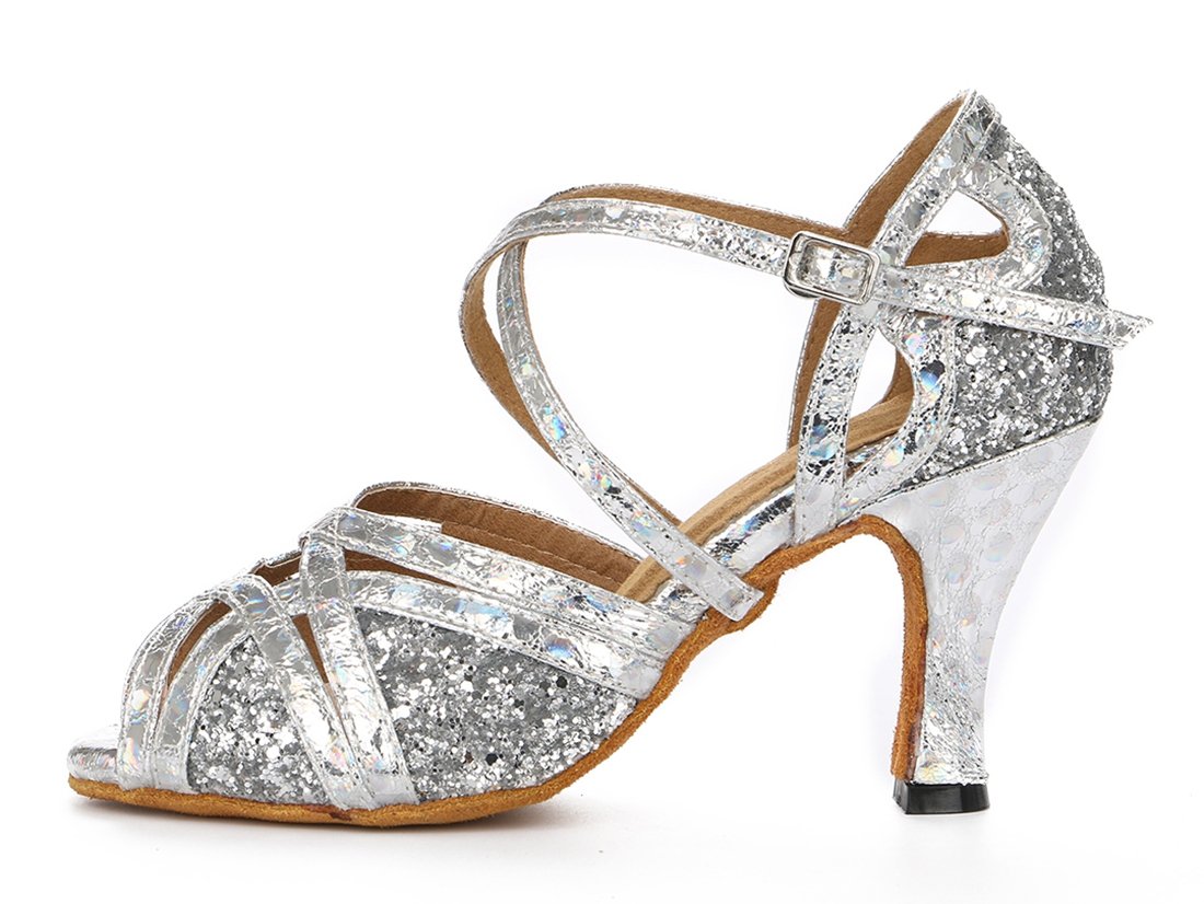 TDA Women's Comfort Ankle Strap Glitter Silver Synthetic Salsa Tango Ballroom Latin Modern Dance Wedding Shoes 8.5 M US