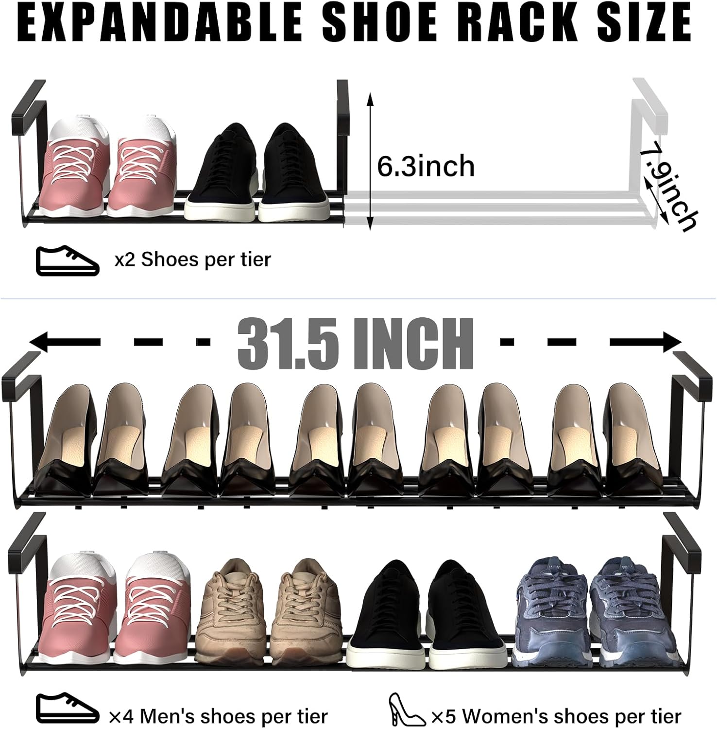 2 Pcs Expandable Shoe Rack Organizer for Closet 16.5-31.5 Inch Adjustable Retractable Hanging Cabinet Shoe Shelf Dorm Room Storage for Space Saving (Black)
