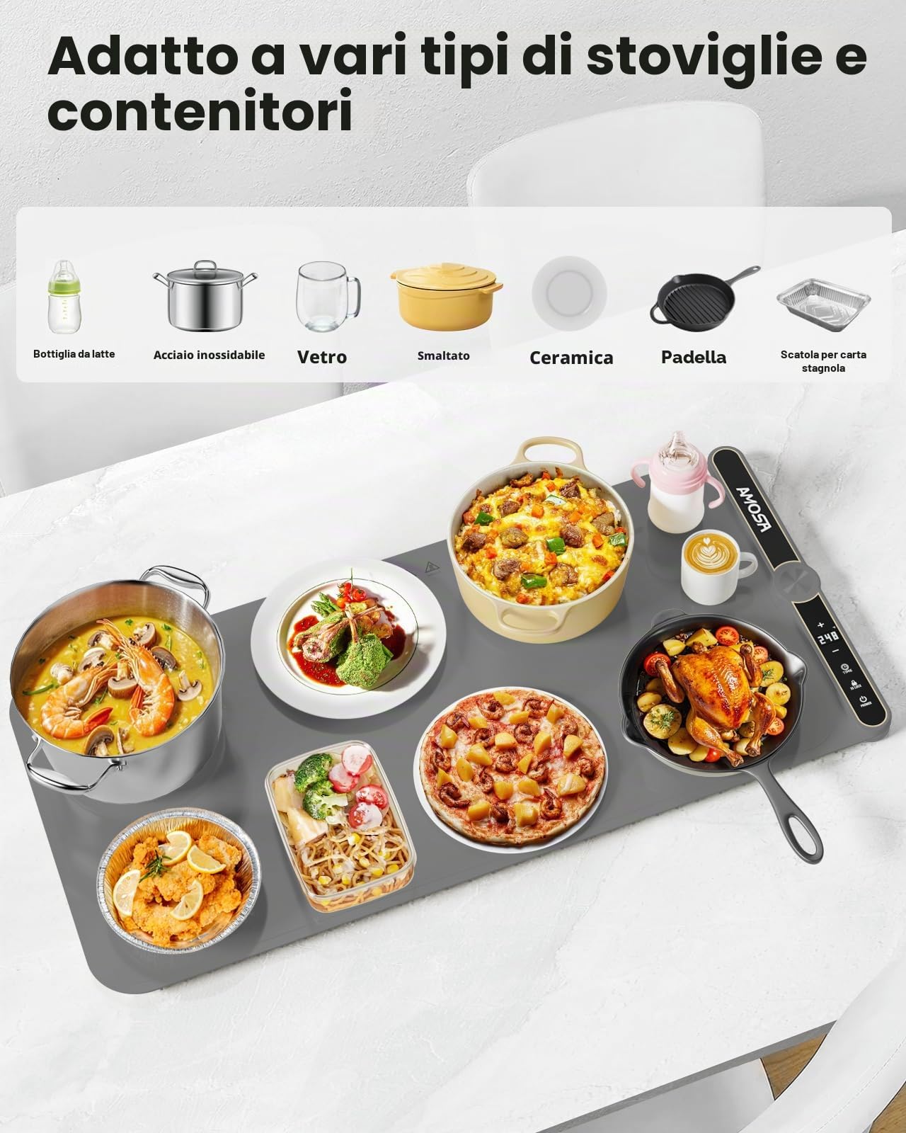 AMOSA Vassoio Riscaldante Elettrico per Cibi, Tappetino Riscaldante in Silicone Extra Large Portatile con 9 Livelli di Temperatura e Timer 6 Ore, Scaldavivande Portatile per Buffet e Feste (Grigio)
