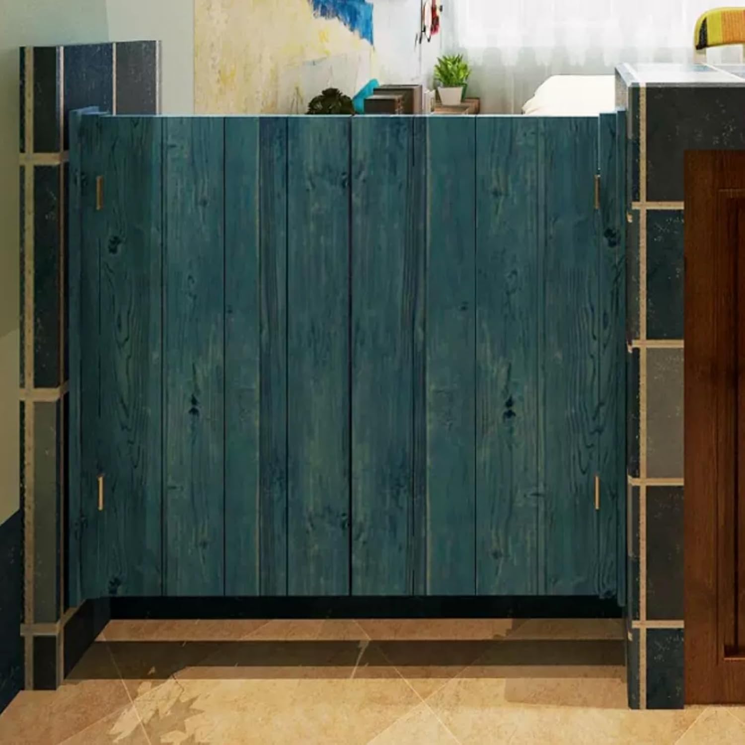 Cafe Pine Swinging Doors, Mediterranean Style, Auto Close, with Metal Hinges Half Waist Door, Kitchen Restaurant Balcony Porch Entrance Partition, Custom(Blue,W75Hx90cm/W29xH35in)