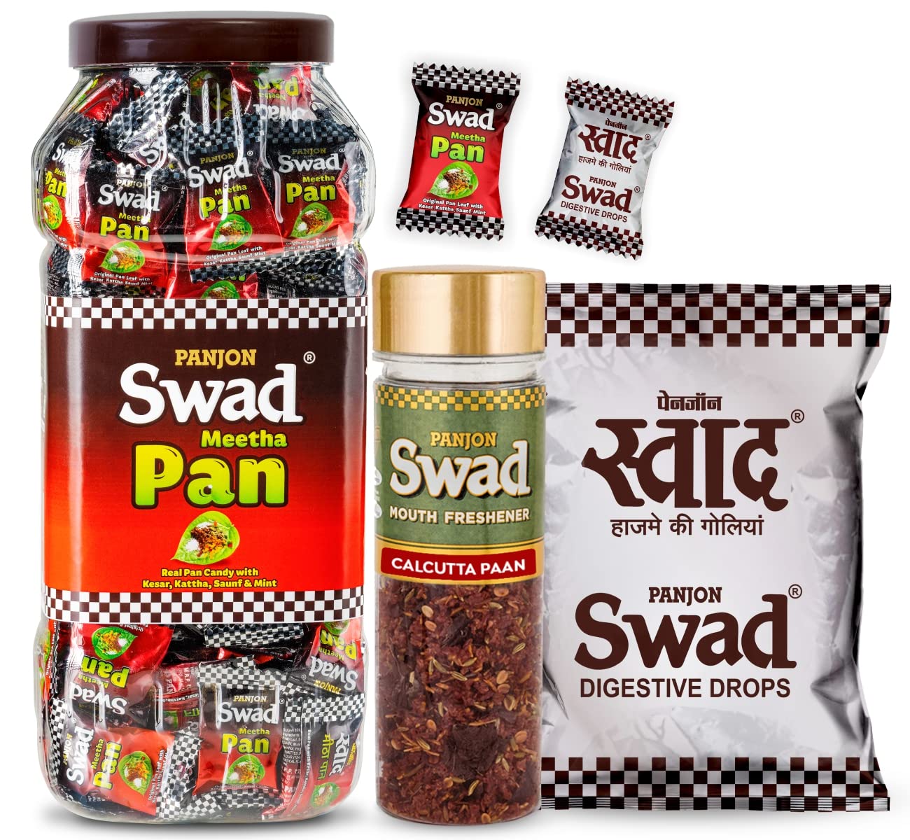 SwadMeetha Pan Candy, Swad Original Toffee, Calcutta Paan Mukhwas Mouth fresheners (200 Toffee Jar, 25 Regular Pack, 100g bottle) 3 units
