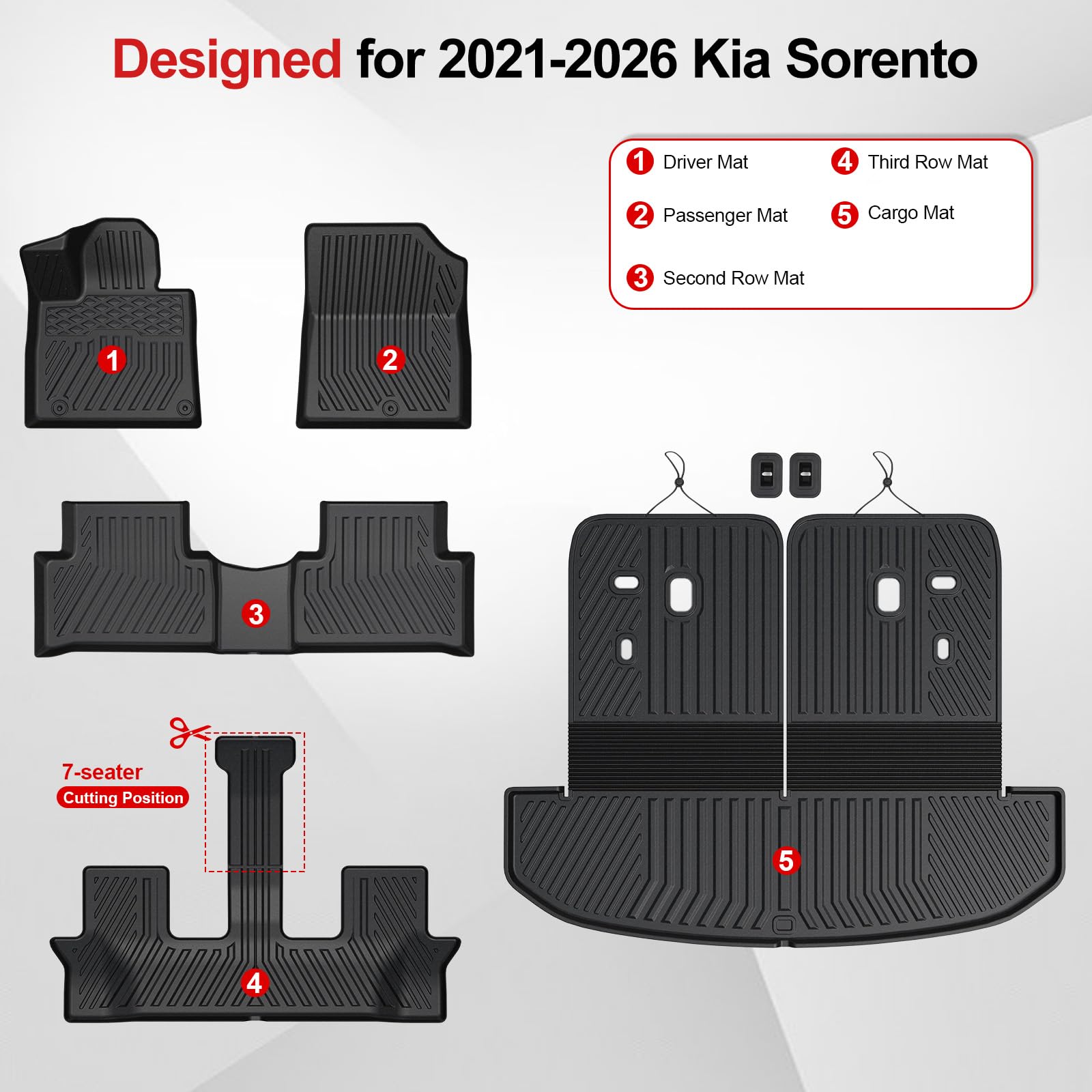 Tappetino Bagagliaio Per Kia Sorento 2021-2025, In TPE, Con Schienali, Impermeabile, Tutte Le Stagioni, Per Modelli 6/7 Posti - 2