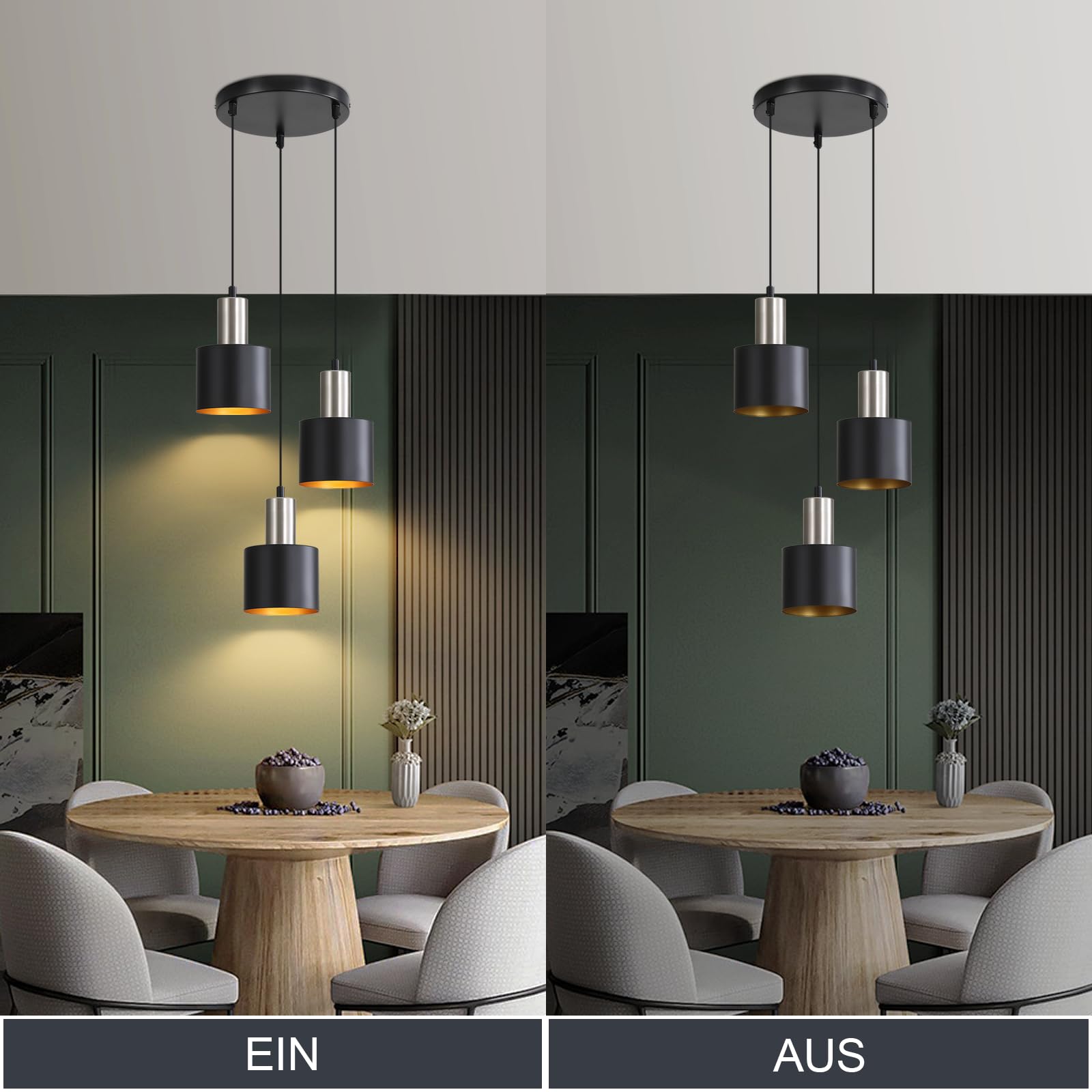 Hängeleuchte Esstisch Pendelleuchte Schwarz - Esszimmerlampe Vintage Hängelampe 3 Flammig E27 Retro Küchenlampe Hängend Gold Kücheninsel Höhenverstellbar Industrielampe Ohne Leuchtmittel