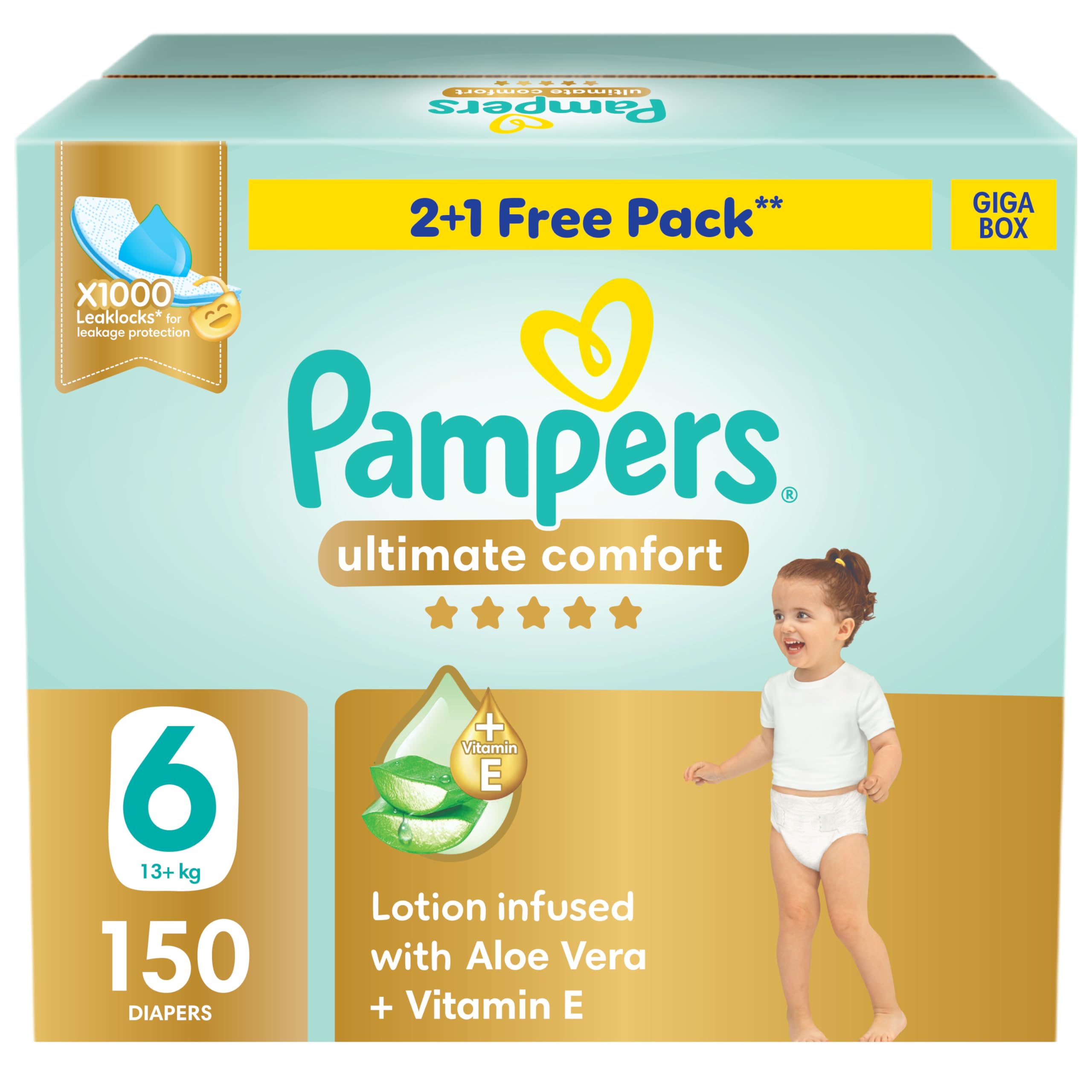 Pampers Ultimate Comfort Taped Diapers, Size 6, 13+kg, Lotion infused with Aloe Vera and Vitamin E, x1000 Leak Locks Technology for Leakage Protection, Giga Box, 150 CountPampers Ultimate Comfort Taped Diapers, Size 6, 13…