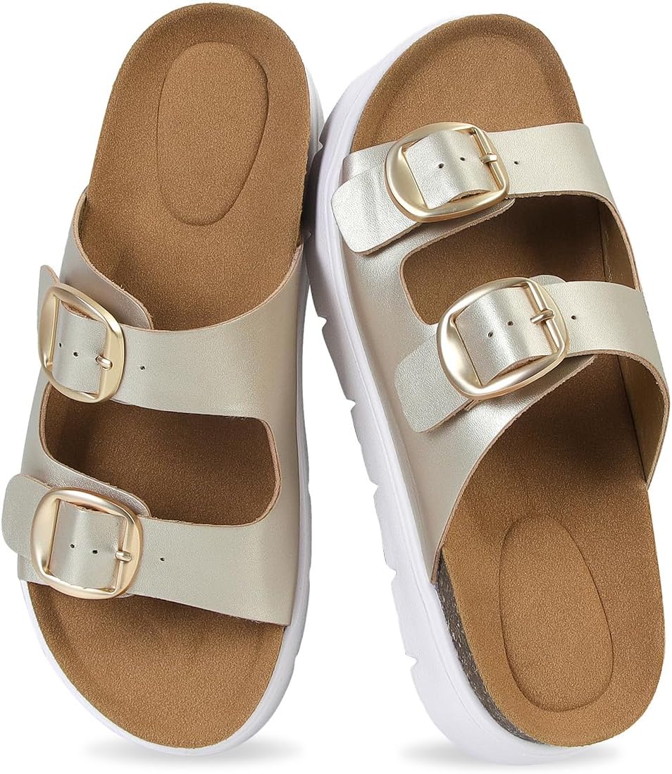 Women's Genuine Leather Platform Sandals Cork Footbed Slip-on Sandals Summer Chunky Slides with Double Adjustable Buckle Casual Vacation Shoes
