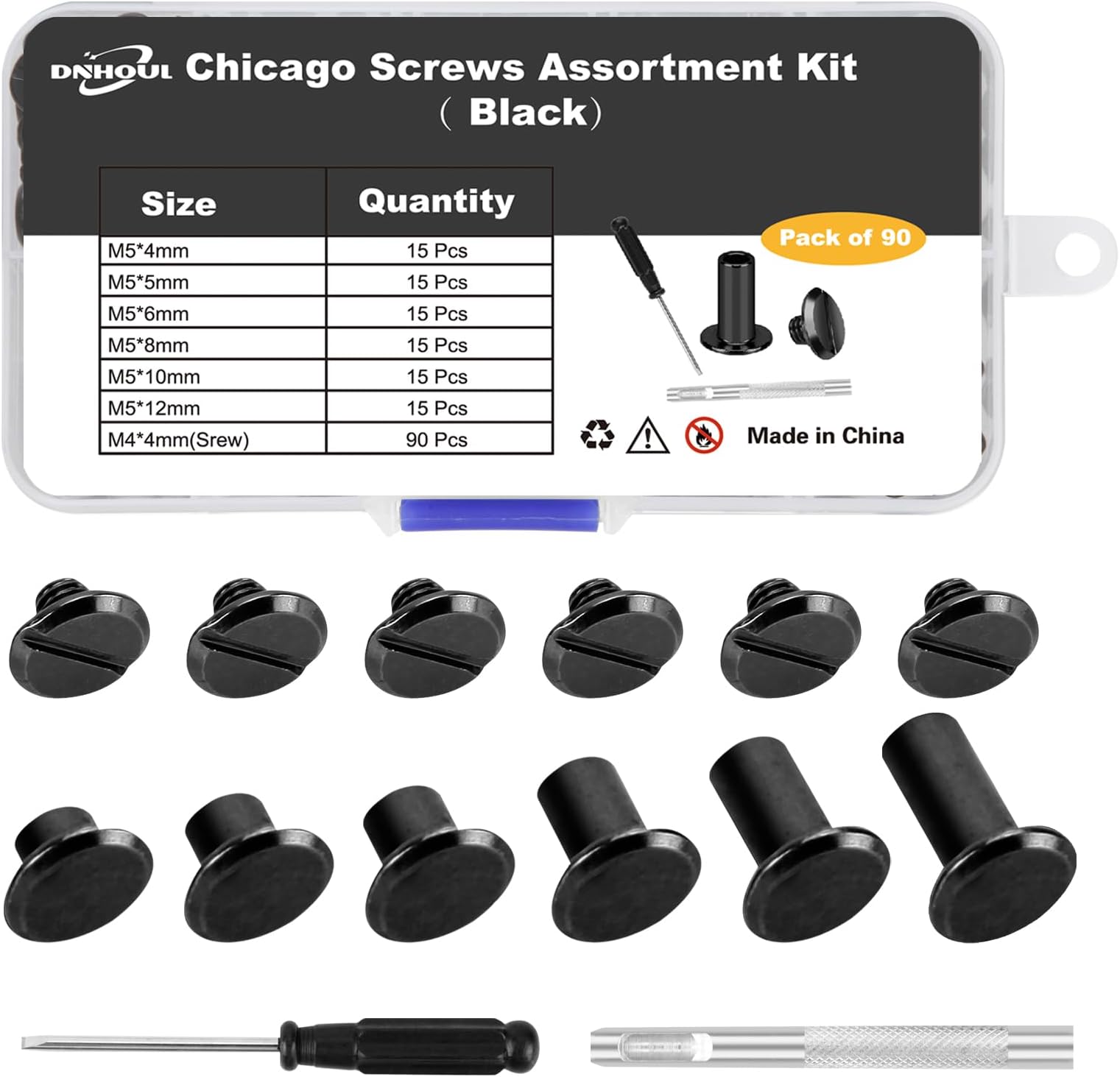 Chicago Screws Leather Rivets Assorted Screw Rivet M5 (M5*4,5,6,8,10,12) for Decoration and DIY Leather Craft Belt Bag Shoes Purse Bookbinding (90 Sets, Black)