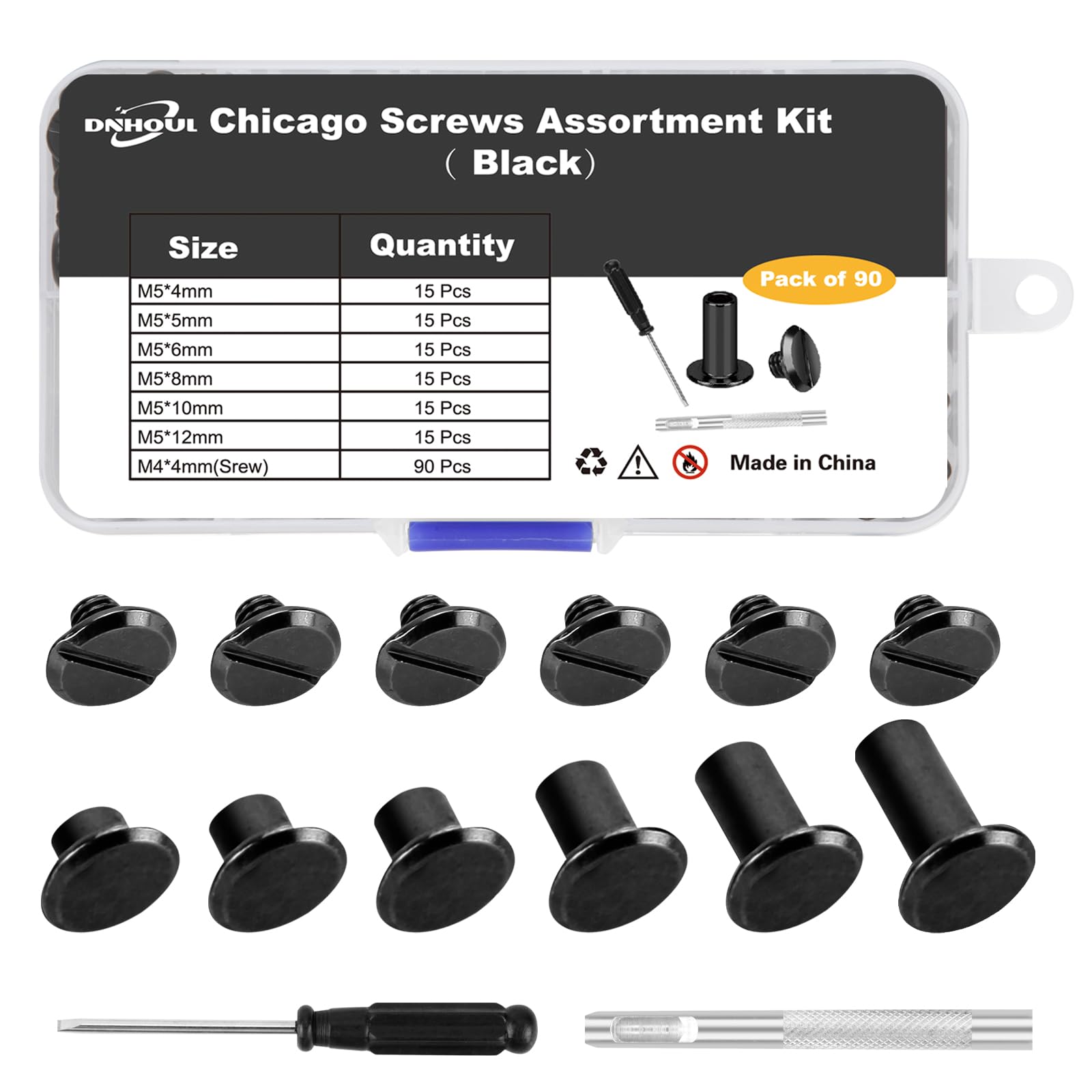 Chicago Screws Leather Rivets Assorted Screw Rivet M5 (M5*4,5,6,8,10,12) for Decoration and DIY Leather Craft Belt Bag Shoes Purse Bookbinding (90 Sets, Black)