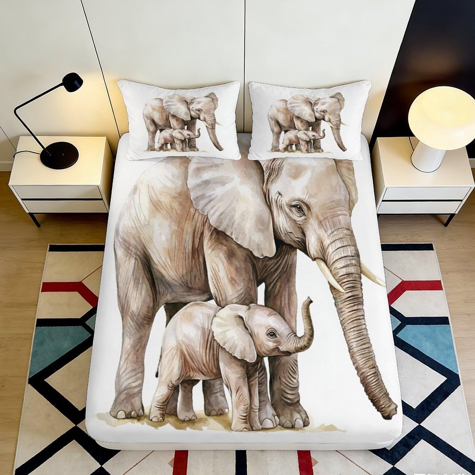 3D Printed Elephant Family Fitted Sheet Microfiber Soft Breathable Animal Print Bed Cover for Bedroom Dormitory Guest Room Mattress Protection 160x200x25cm