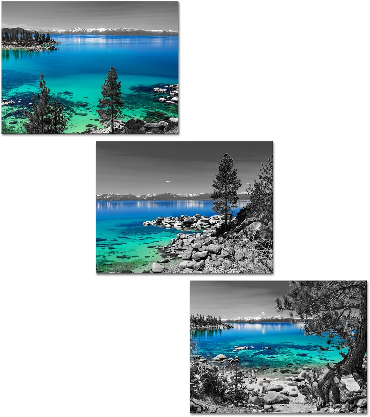 KREATIVE ARTS 3-Piece Lake Tahoe Landscape Canvas Wall Art, Black and Blue Nature Scenery, Emerald Bay California Print, Framed Artwork for Office and Home Decor 12x16'' Each