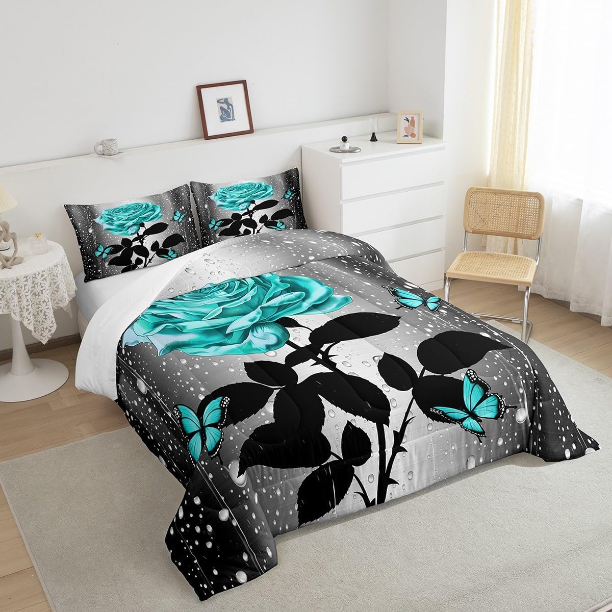 Feelyou Teal Water Rose Bedding Set King Size Teal Butterfly Comforter Set for Boys Girls Romantic Comforter Floral Flower Quilt Set with 2 Pillow Case