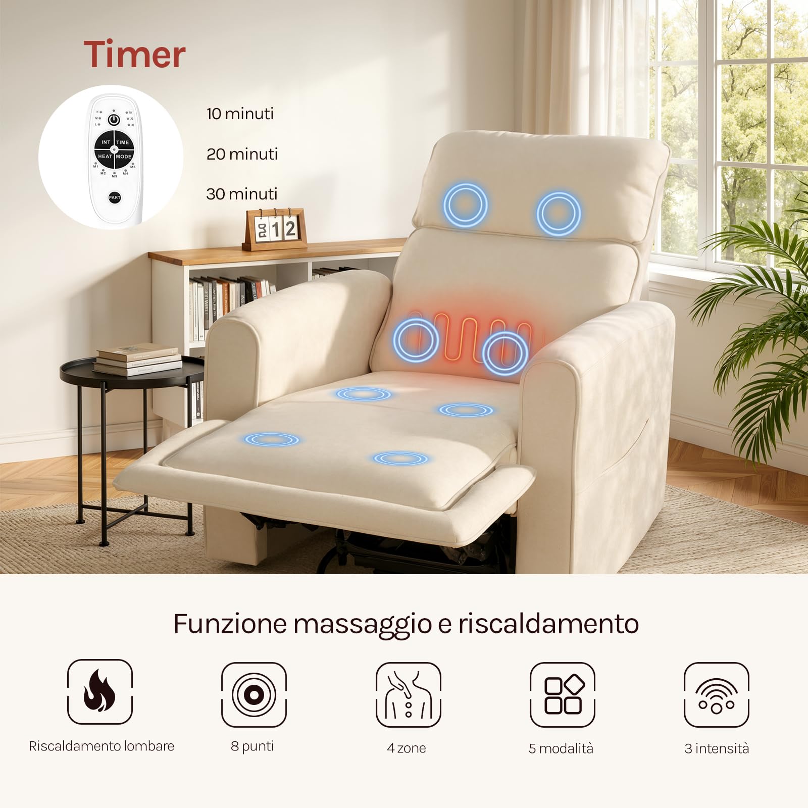 WOLTU Poltrona Reclinabile Massaggiante con Funzione Riscaldamento, Sedia Ergonomica, Girevole e Oscillante, con Poggiatesta, Tasche Laterali e Porta USB, per Soggiorno, Camera da Letto, Beige