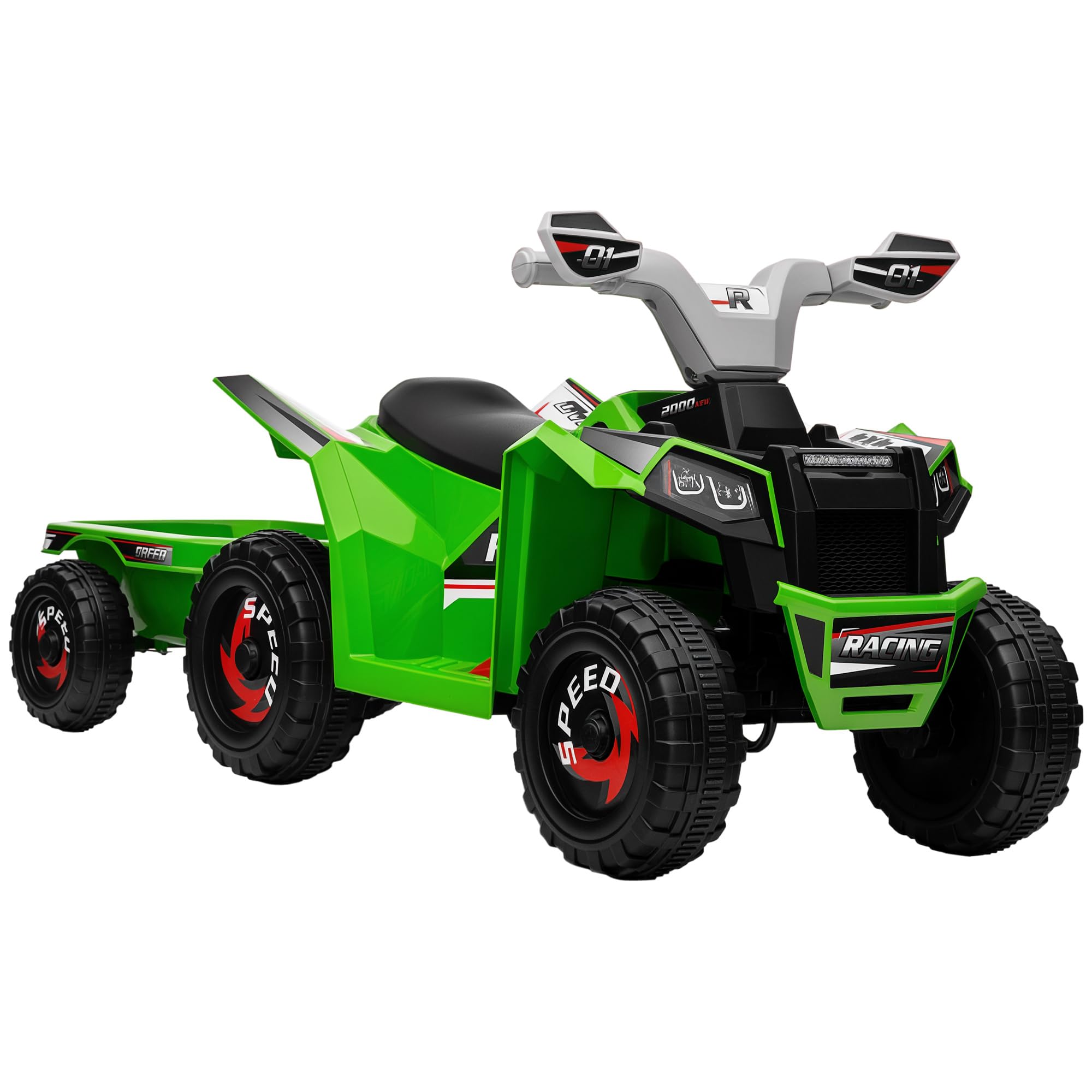 HOMCOM Electric Quad Bike, 6V Kids Ride On All-Terrain with Back Trailer for Ages 18-36 Months - Green