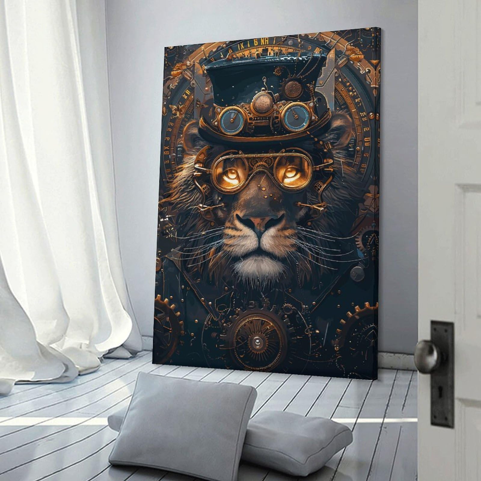 Junmoney Steampunk Animal Lion Wall Art Print, 16x24inch(40x60cm), for Lounge Decor, Bedroom Walls Or Flats, Decorative Artwork for Empty Walls