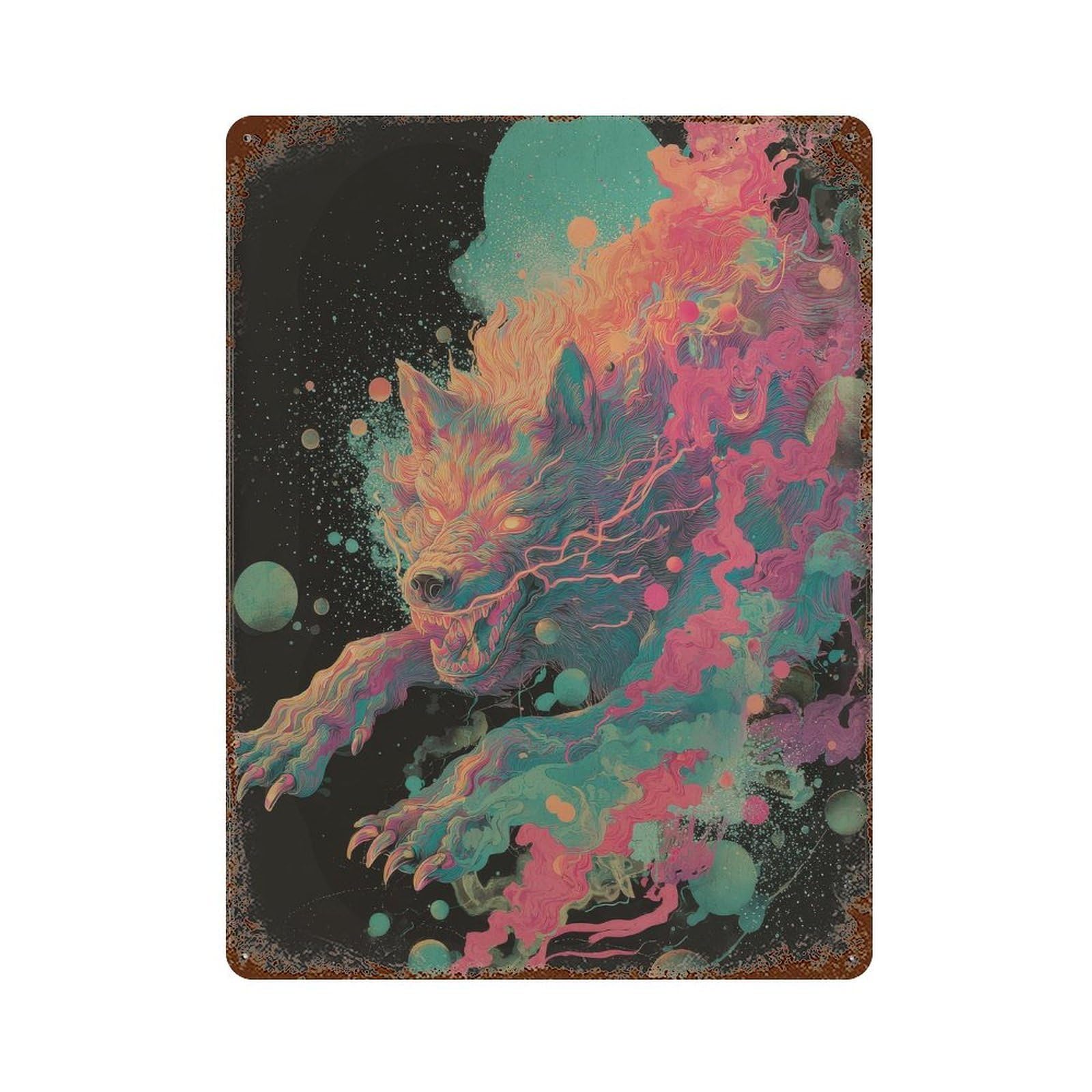 xiaoxiaoshen Fiery Wolf. Psychedelic Surreal Wall Decor Art Metal Tin Poster Modern Home Decor Art Home Bar Shop Decorations Vintage Sign 40x30cm