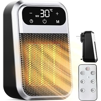 Socket Fan Heater with Remote Control Mini Ceramic Fan Heater Bathroom Energy-Saving Quiet Heater 800 W Heater with 12 Hour Timer Thermostat Overheating Protection for Bedroom