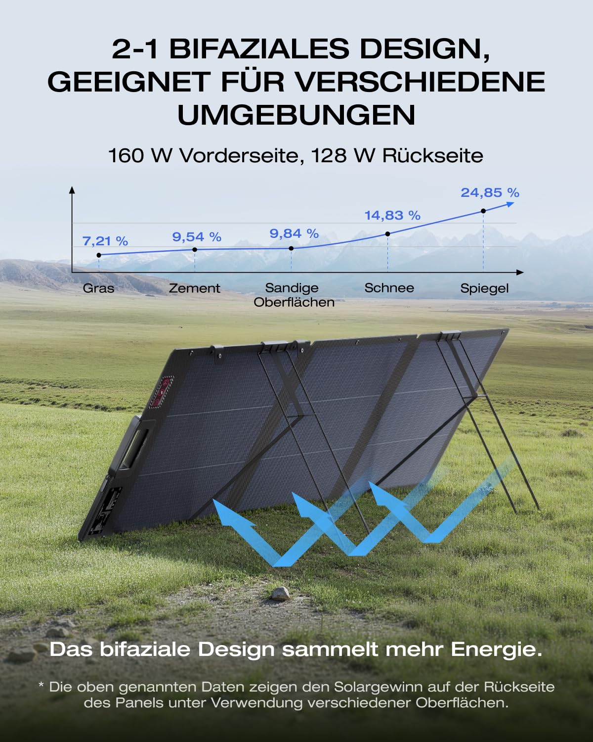 ECOFLOW 160W Solarpanel, bifaziales N-Typ Solarmodul, bis zu 25% Wirkungsgrad, IP68, Standfuß, XT60-Kabel