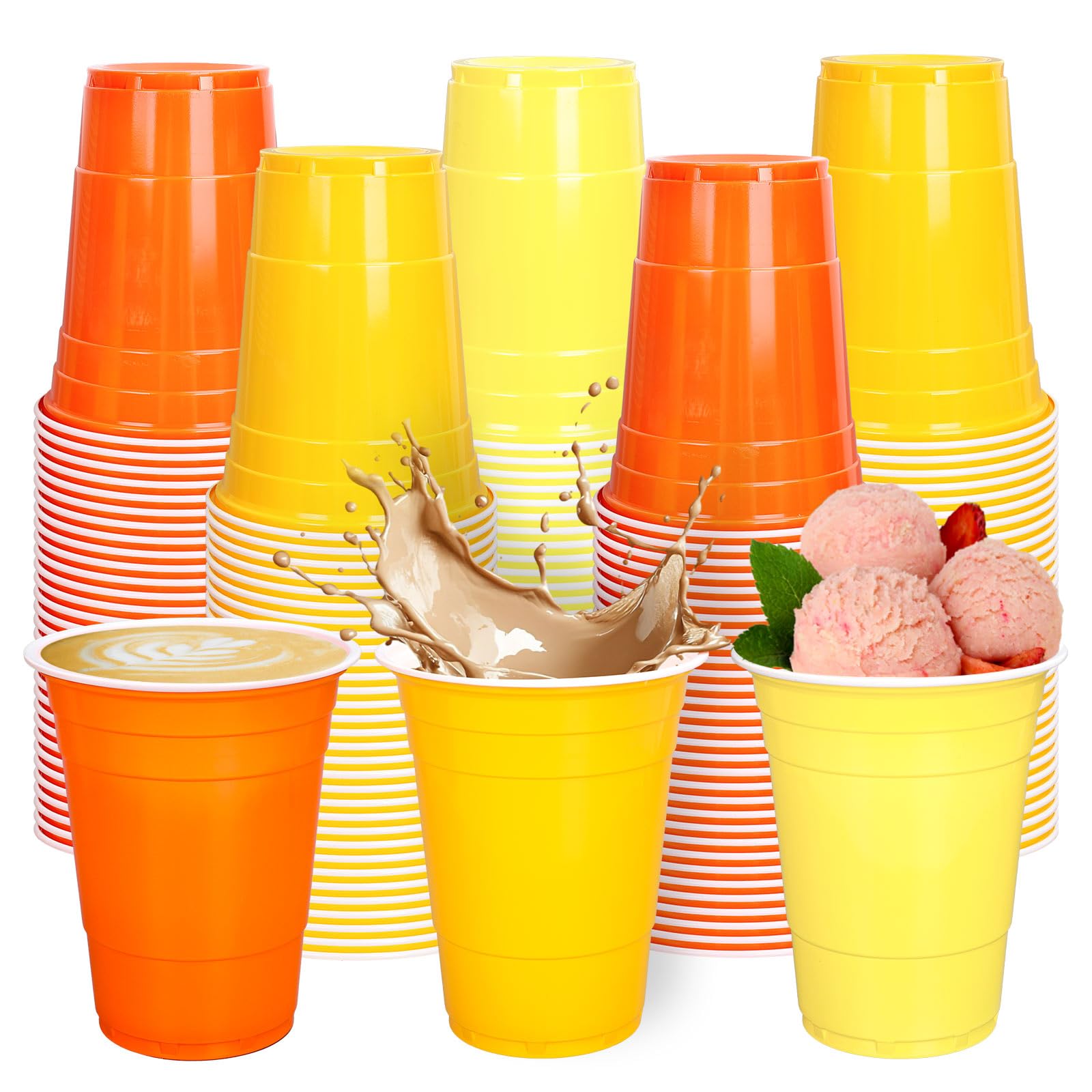 FYSUIMU Einweg-Trinkbecher aus Kunststoff, 473 ml, 3 Herbstfarben, stapelbar, Partybecher für Herbst, Erntedankfest, Partyzubehör, 150 Stück, Orange / Gelb