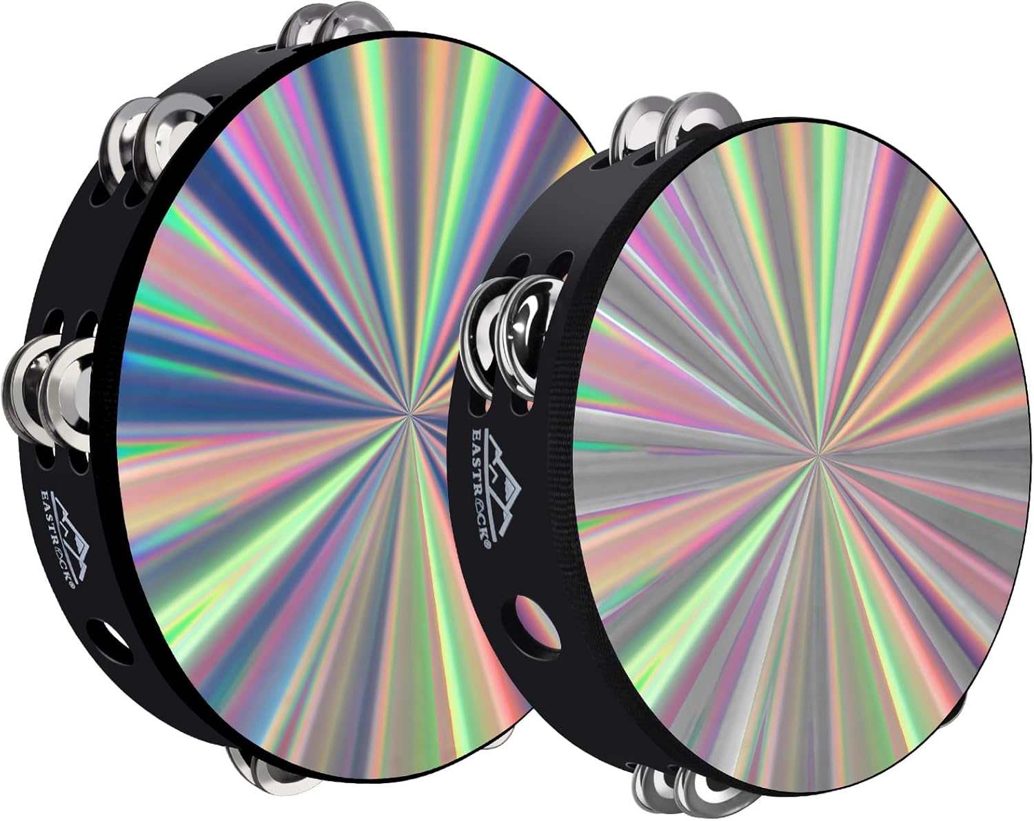 EASTROCK Radiant Tambourine Hand Held Drum 10 Inch Double Row Jingles Reflective Tambourine Musical Instrument for Adults Church KTV Party (2 Packs)