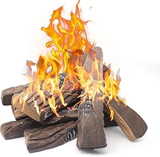 Mr.Ton Gas Fireplace Logs,10pcs Large Ceramic Firepit Logs, Decorative Faux Wood Log Set for Indoor Outdoor Gas Insets, Vented,Ventless, Electric,Ethanol,Gel Fireplaces