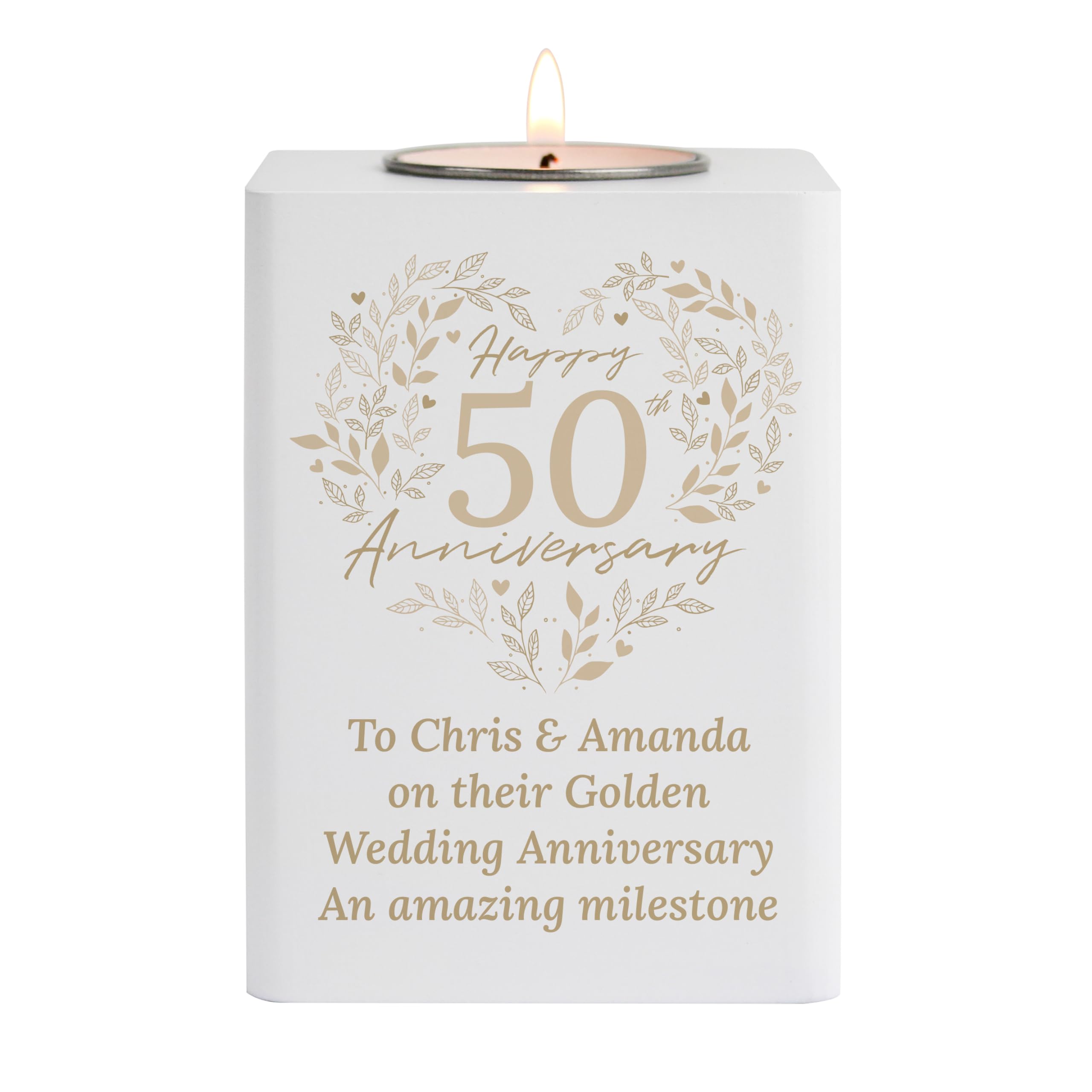 Caleli Gifts White Personalised Wedding Anniversary Tealight Holder. Golden Wedding Tea Light Holder. 50 Years Married.