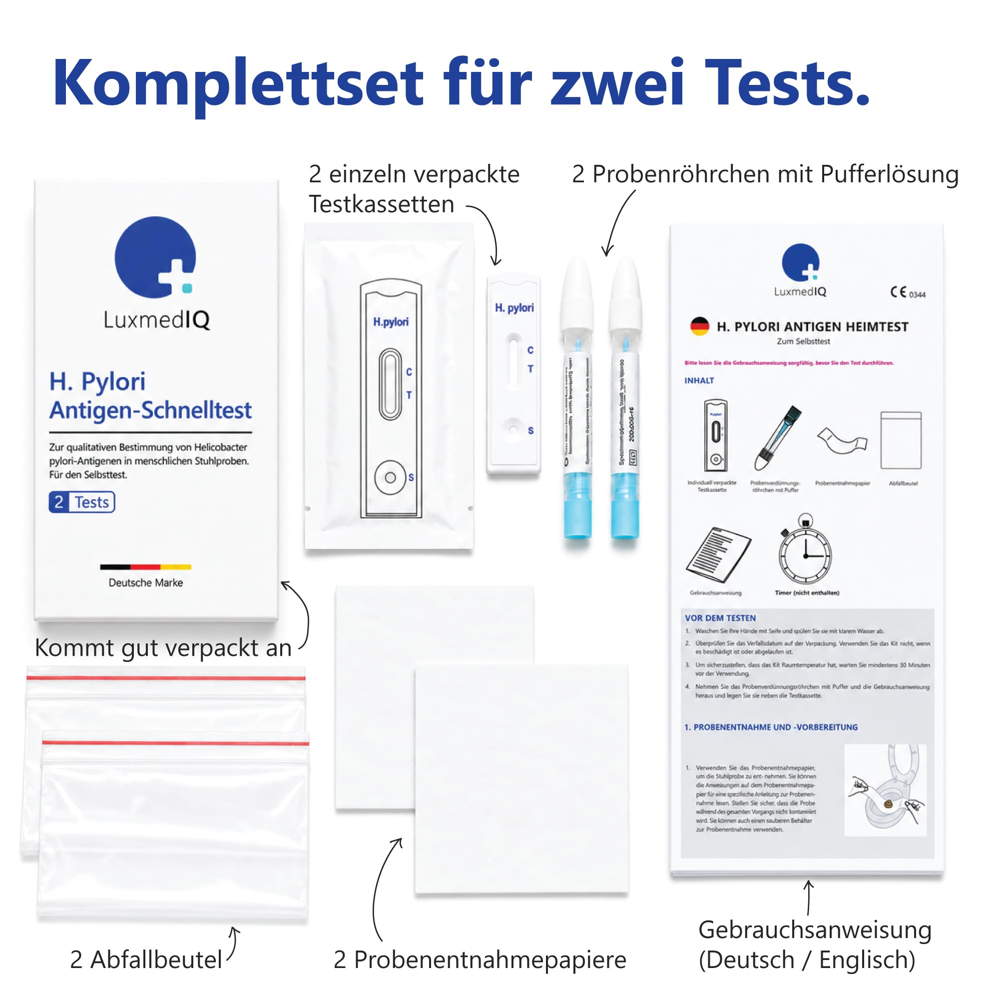 2x LuxmedIQ Helicobacter Pylori Test (Stuhl) - H Pylori Selbsttest für Zuhause - Schnelltest bei Magen Beschwerden wie Sodbrennen oder Gastritis