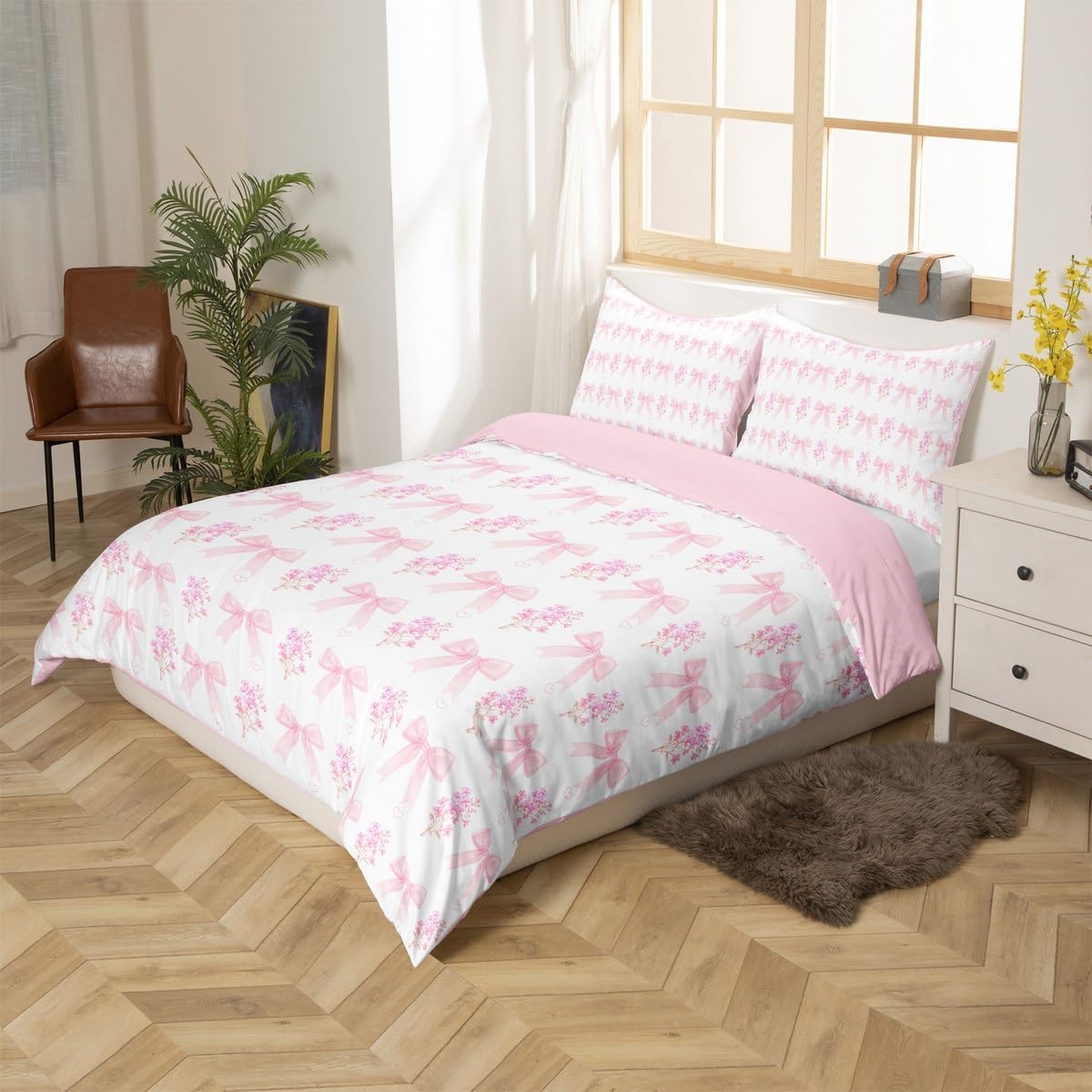 Manfei Pink Bow Duvet Cover Set Single Size, Lilac Flower Bedding Set 2pcs, Cute Flower Bowknot Comforter Cover - Image 2