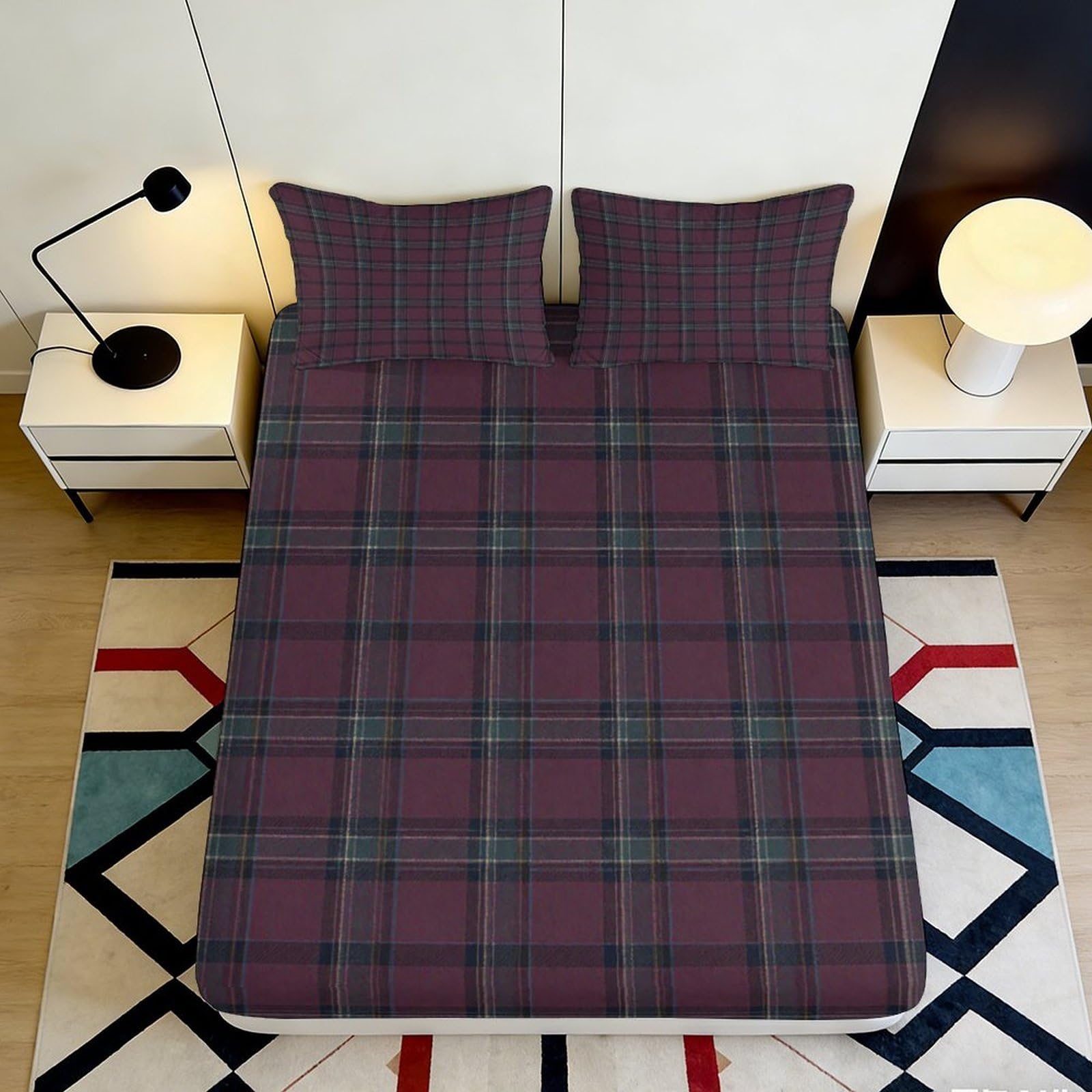 3D Printed Burgundy Plaid Fitted Sheet Microfiber Soft Breathable Tartan Stripe Mattress Cover Bedroom Decor 120x200x25cm
