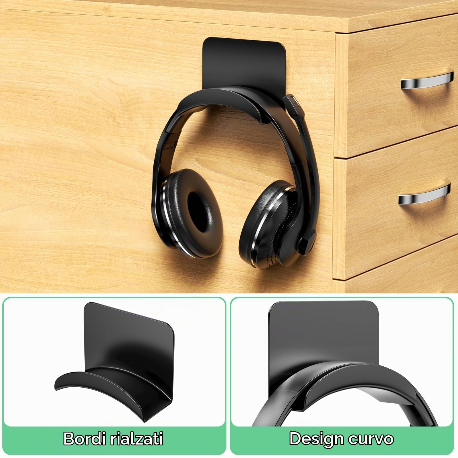 2 Pezzi Supporto Per Cuffie – Adesivo 3M, Da Scrivania O Parete, Universale, Nero