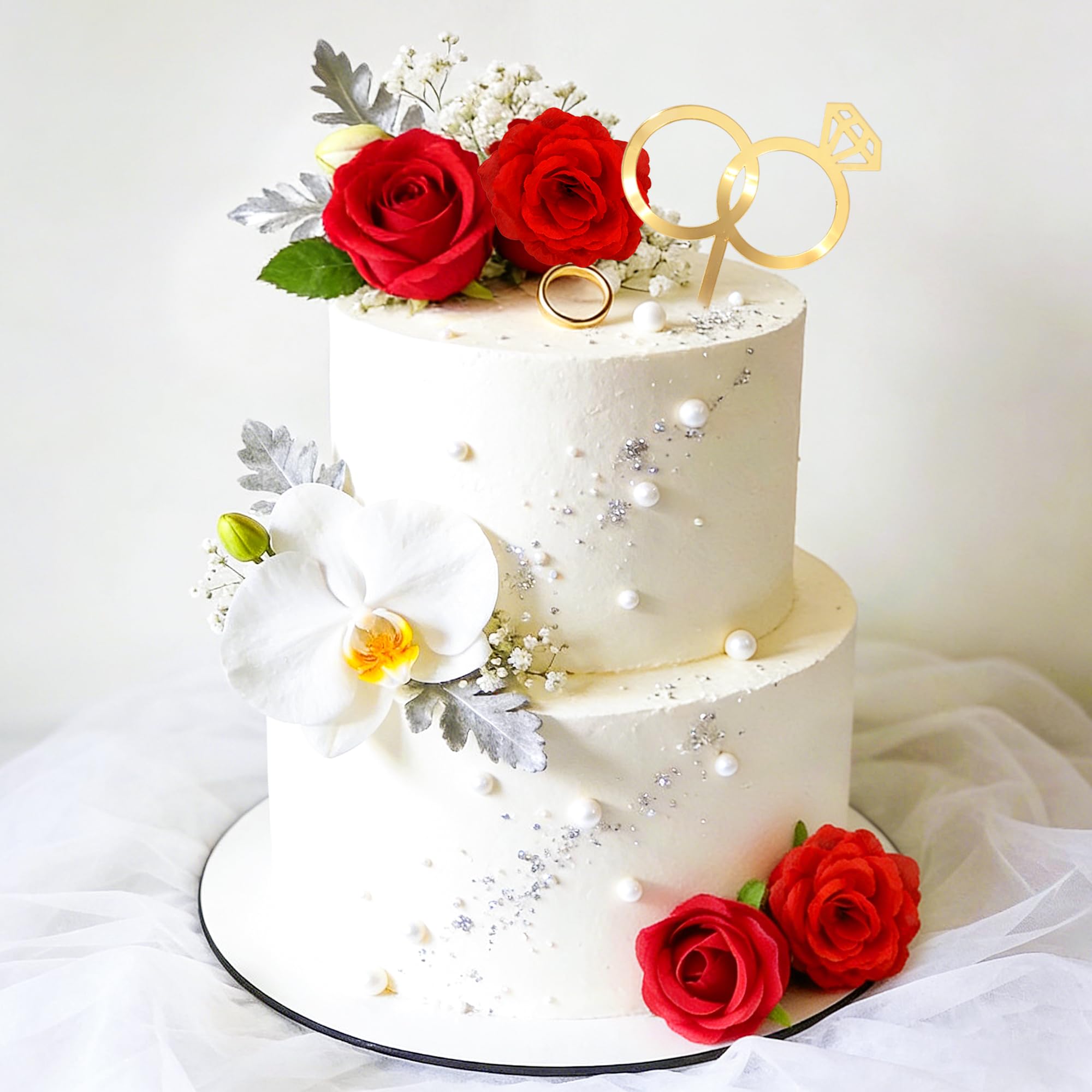 LaVenty Engaged Ring Cake Topper Rose Flower Bridal Shower Acrylic Cake Decorations for Wedding Engagement Party Cake Decorations Supplies Favors