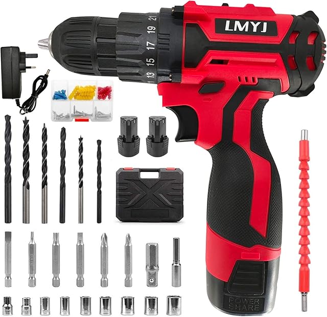 LMYJ Cordless Drill Driver, 12V Combi Drill, 31PCS Electric Screw Driver Set, 30Nm Variable Speed Multifunctional Rechargeable Power Drill Screwdriver Tool Starter Kit with Dual Battery 1500mAh Li-ion