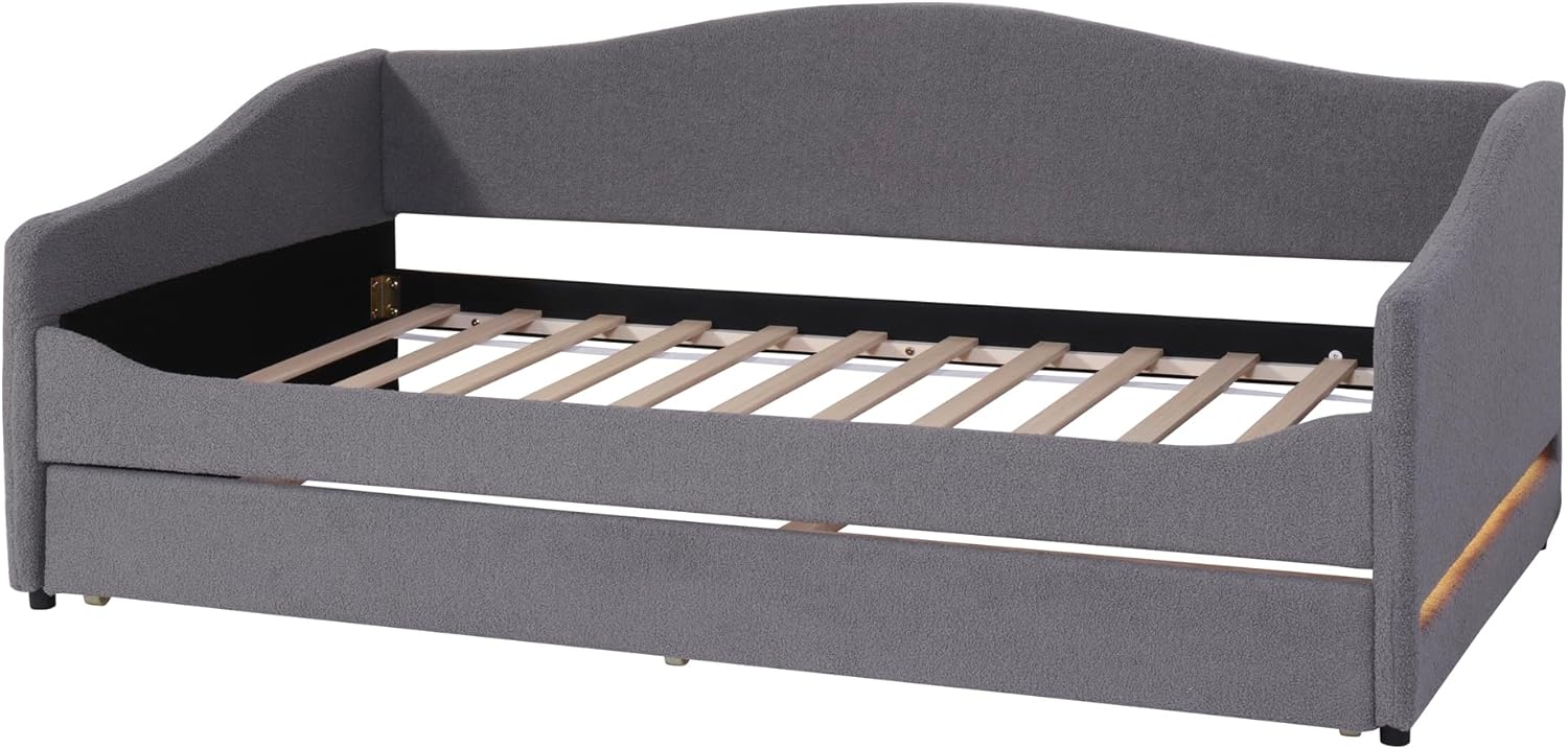 Merax Upholstered Daybed, Twin Size Teddy Fleece Sofa Bed with Trundle & LED Lights for Bedroom, Wood Slat Support, No Box Spring Needed, Easy Assembly, Grey