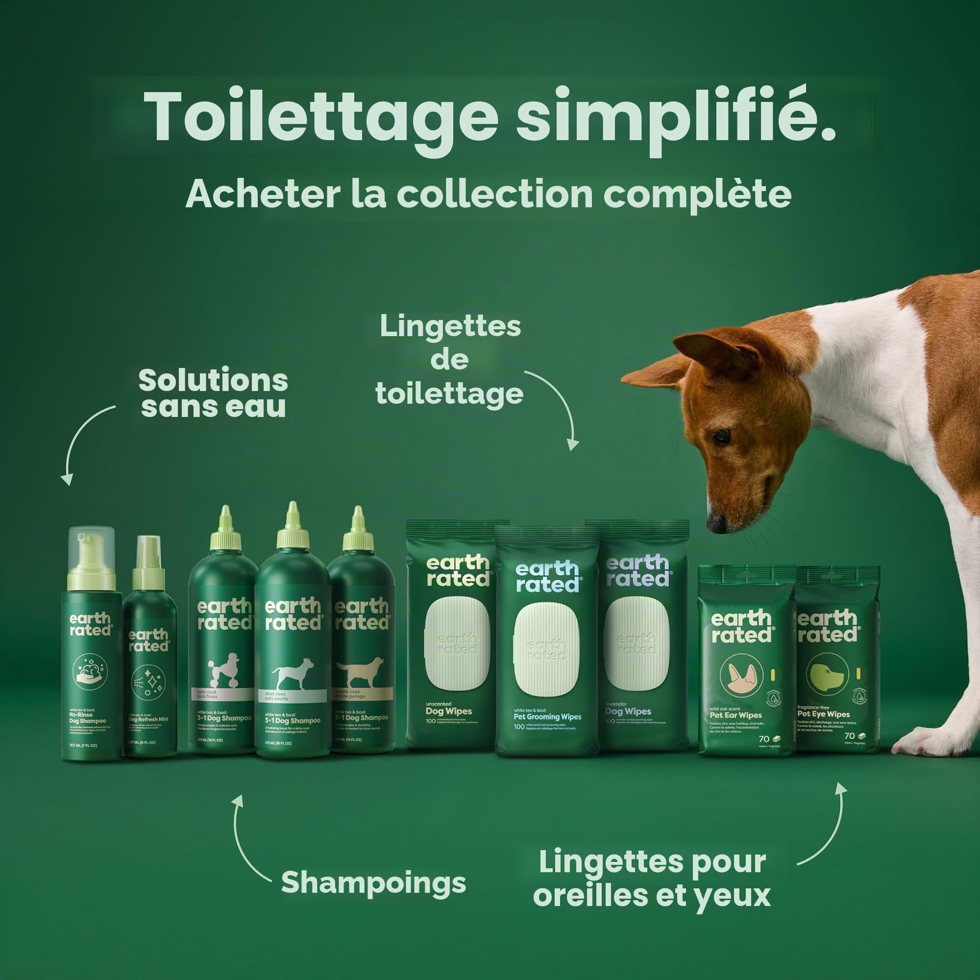 Earth Rated Shampoing et après-shampoing démêlant 3 en 1 pour chien - Shampoing désodorisant à l'avoine pour chiens et chiots - Idéal pour les animaux malodorants - Parfum thé blanc et basilic - 473