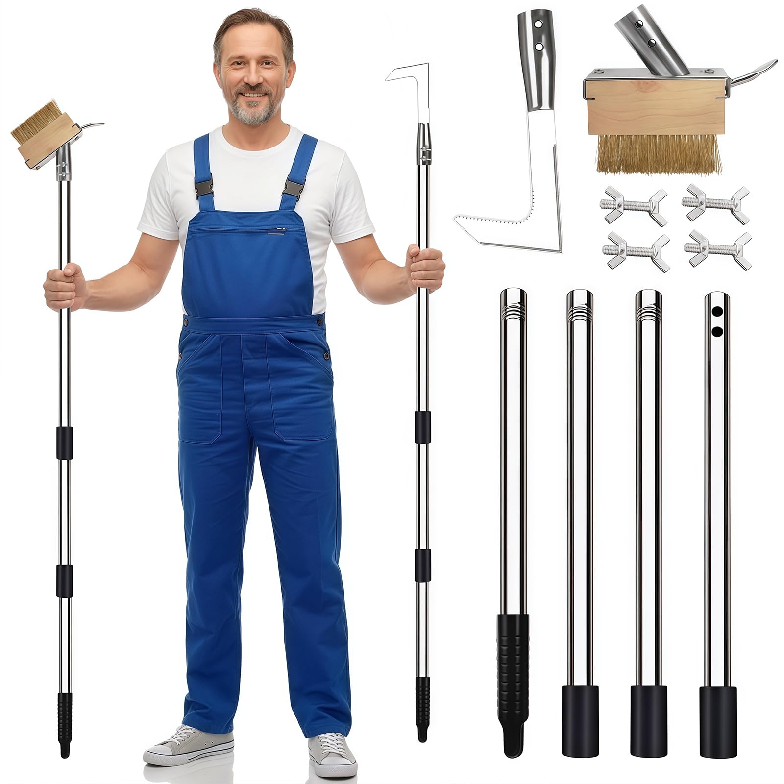 GAESHOW Brosse à Mauvaises Herbes 2-en-1 avec Manche Télescopique 160cm, Outil de Jardin avec Brosse Métallique et Grattoir, pour Nettoyage Joints Pavés, Bordures et Enlèvement d'Herbes