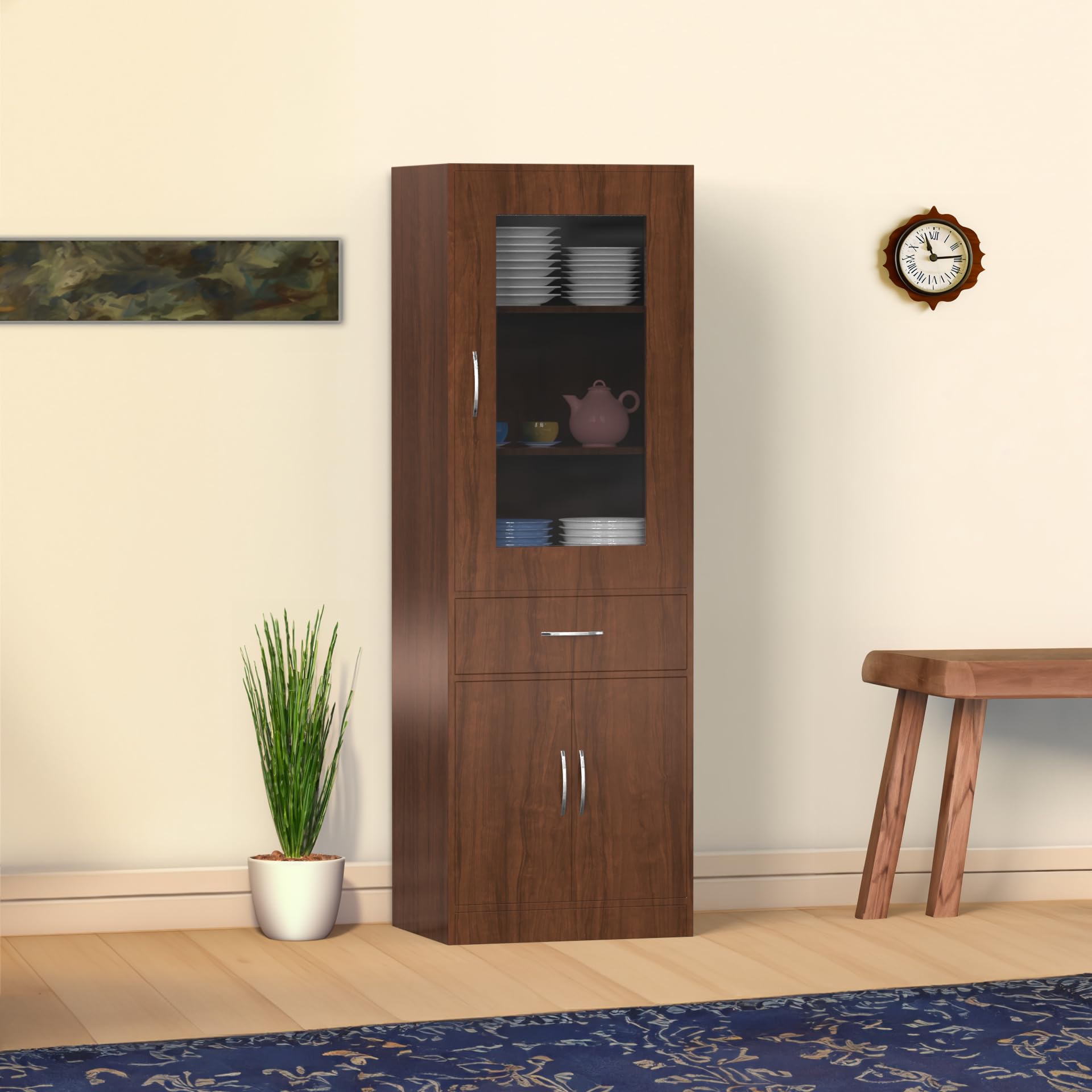 NEEHV HOME Finn Crockery Cabinet with Glass Door | Kitchen Cabinet | Display Unit (Brazilian Walnut, 45 X 60 X 180)-image-29