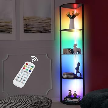 Sunexinlo 5-Tier Corner Shelf with Light, 63.7" Tall LED Display Floor Lamp with Remote, Dimmable Storage Rack for Living Room & Gaming Room, Black