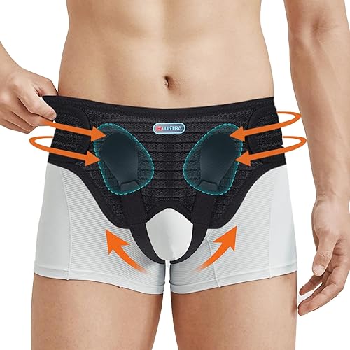 Cinturón de hernia mejorado para hombres y mujeres, cinturón de soporte de hernia inguinal con 4 almohadillas de compresión médica extraíbles,
