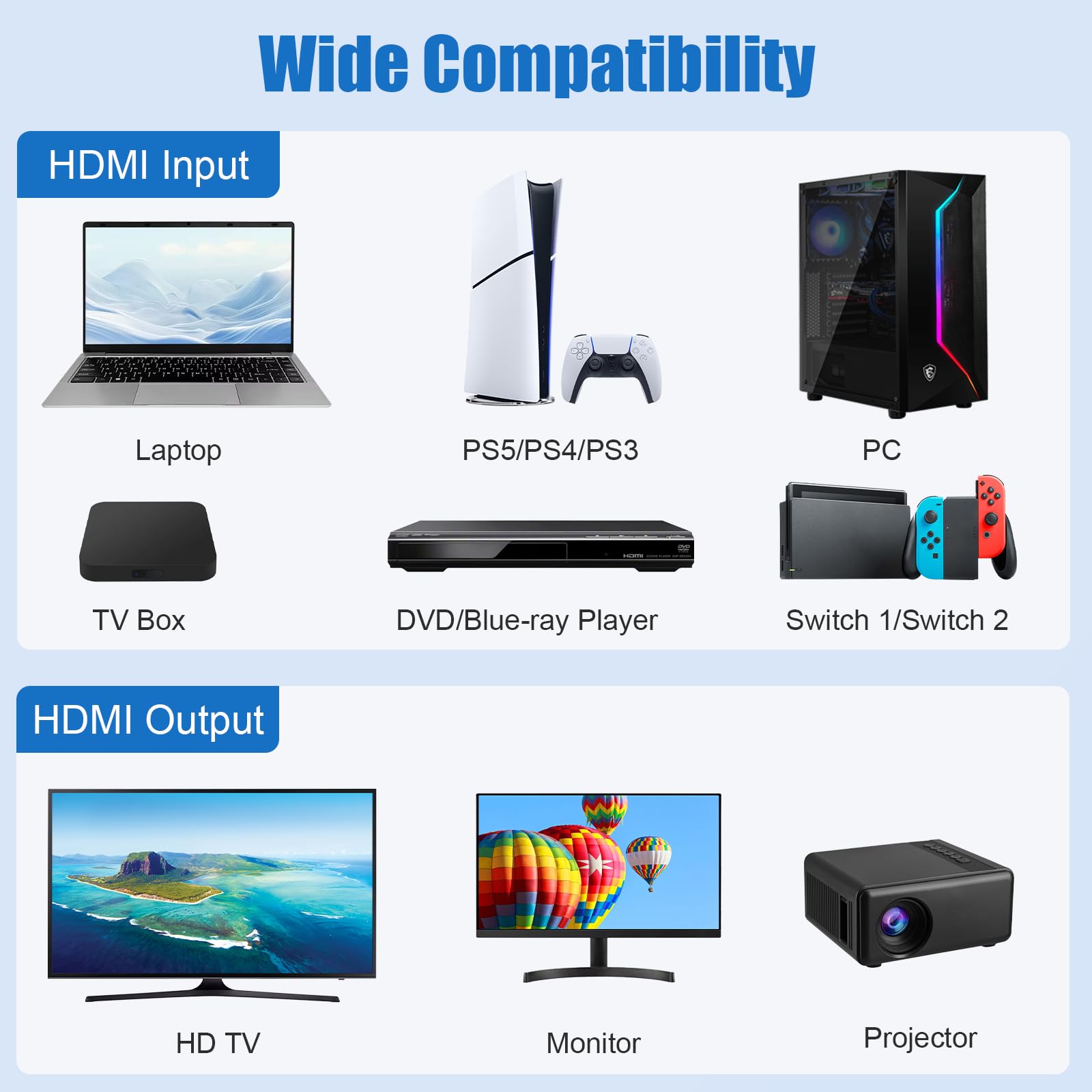 Conmutador HDMI 2.1 7x1, Tendak Aluminio 8K@60Hz HDMI Switch 7 en 1 Out HDMI Conmutador con mando a distancia IR Soporte 4K @ 120Hz/240Hz, HDR10+, HDCP 2.3